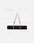 Carrying strap for exercise mats with labels highlighting its features: adjustable, lightweight, and stylish, suitable for yoga, fitness, and workout mats