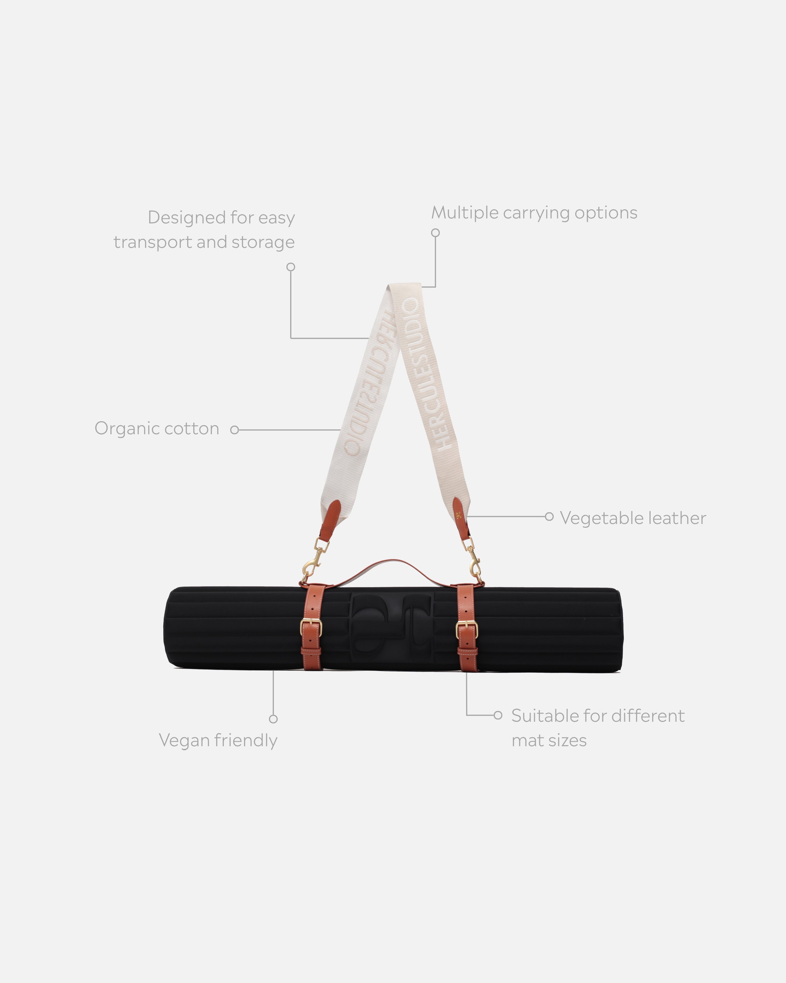 Carrying strap for exercise mats with labels highlighting its features: adjustable, lightweight, and stylish, suitable for yoga, fitness, and workout mats