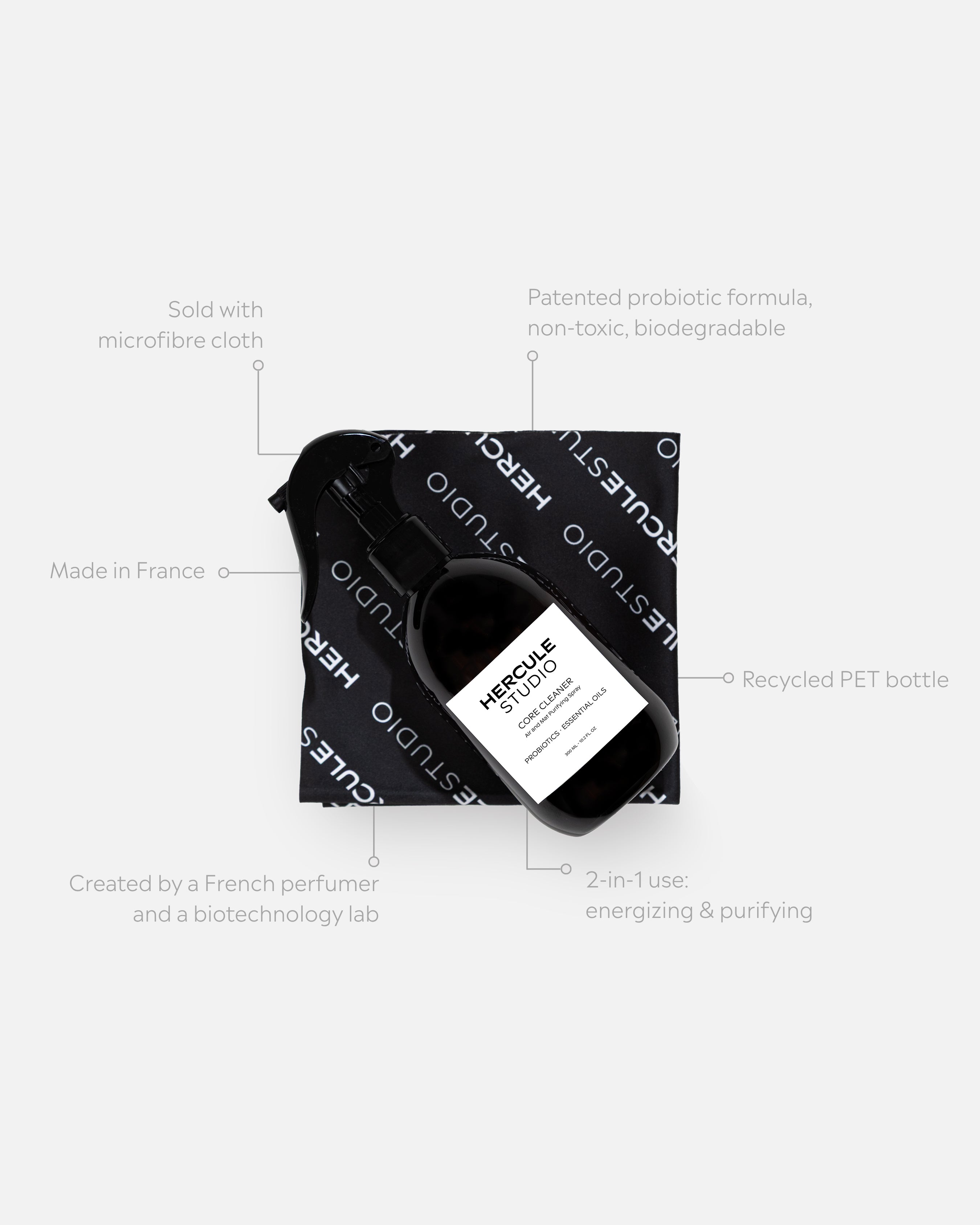 Hercule Studio sanitizing and energizing spray for sport mats with indication of its benefits: natural cleaning, essential oil fragrance and quick use for the maintenance of yoga and fitness mats