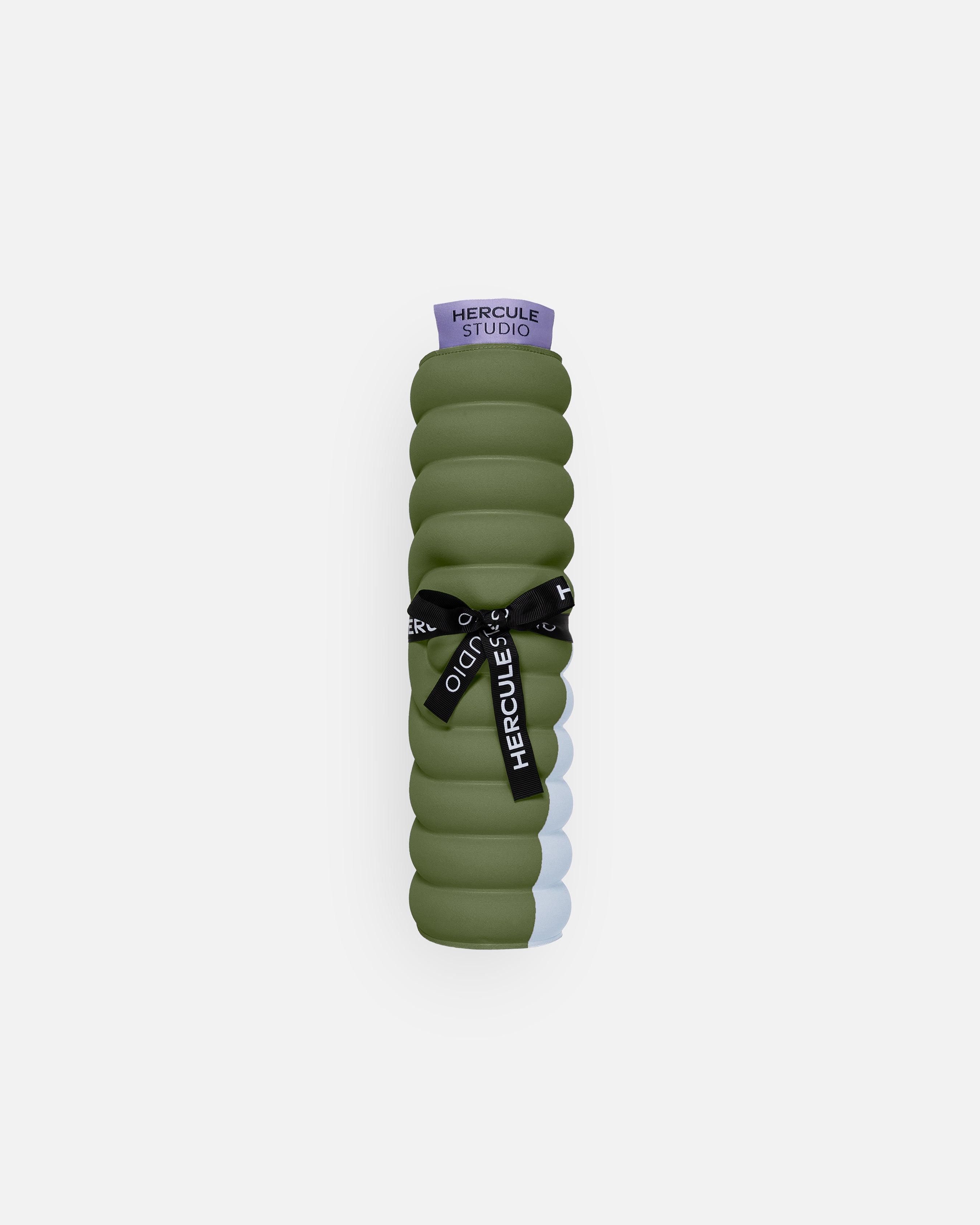Hercule Studio Galé pad – khaki and blue printed (Axel) portable 3-in-1 mini mat with logo ribbon – portable for travel, Pilates Reformer, durable French design, rolled view