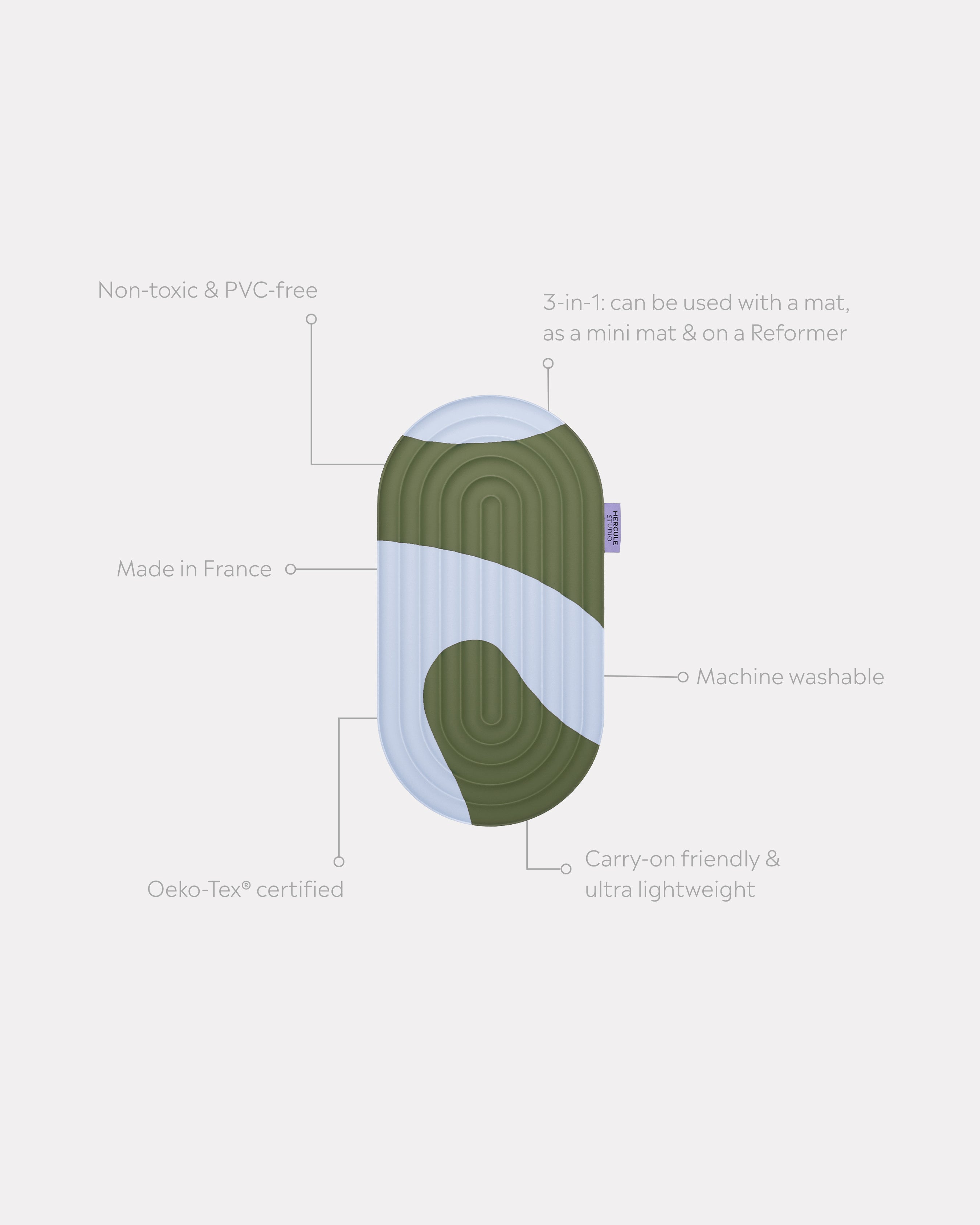 Hercule Studio Galé pad unrolled with informational lines – khaki and blue printed (Axel) 3-in-1 mini mat – ergonomic for knees, elbows, glutes, portable and multi-use, Pilates/Reformer compatible, durable French design