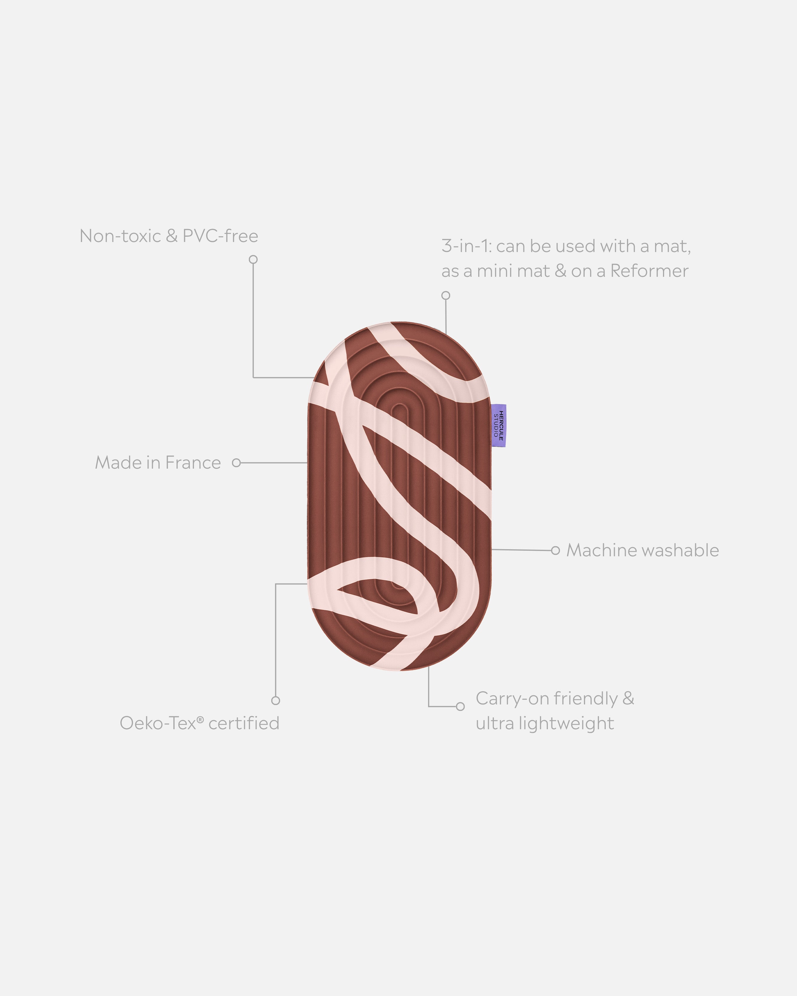 Hercule Studio Galé pad unrolled with informational lines – brown and ecru printed Bari Choco 3-in-1 mini mat – ergonomic for knees, elbows, glutes, portable and multi-use, Pilates/Reformer compatible, durable French design