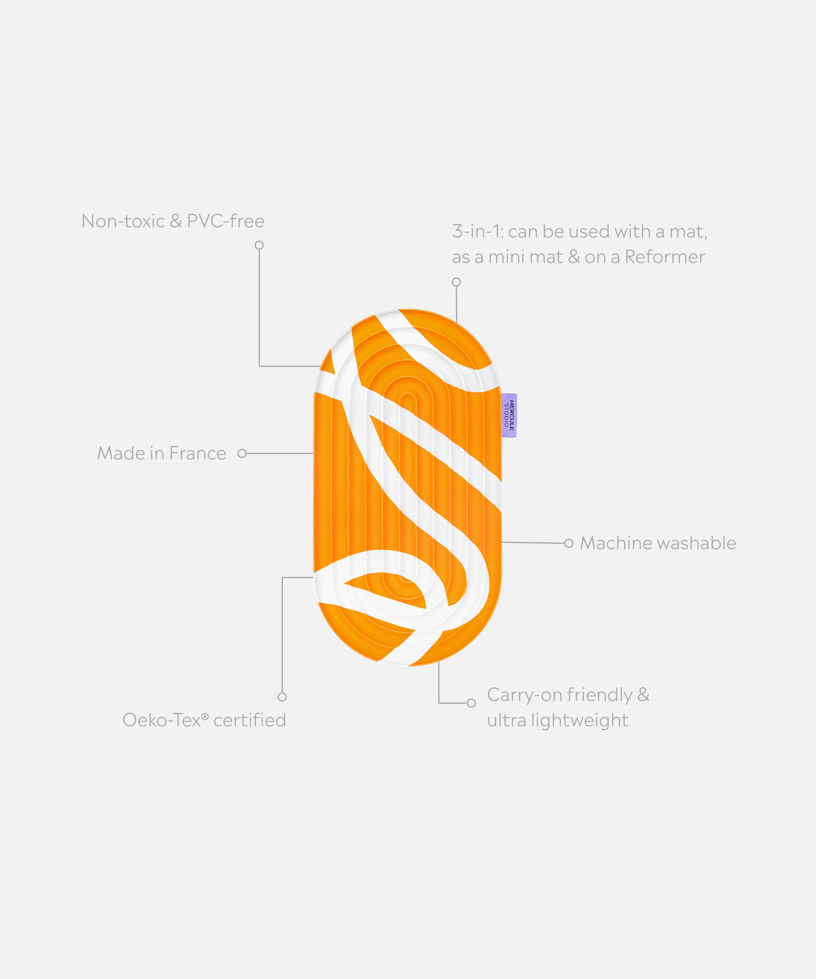 Mini tapis Galé Hercule Studio déplié avec éléments de réassurance – pad 3‑en‑1 imprimé orange et écru (Bari Orange Pop) – support ergonomique zones sensibles, multi-usage nomade, compatible Reformer de Pilates, design durable