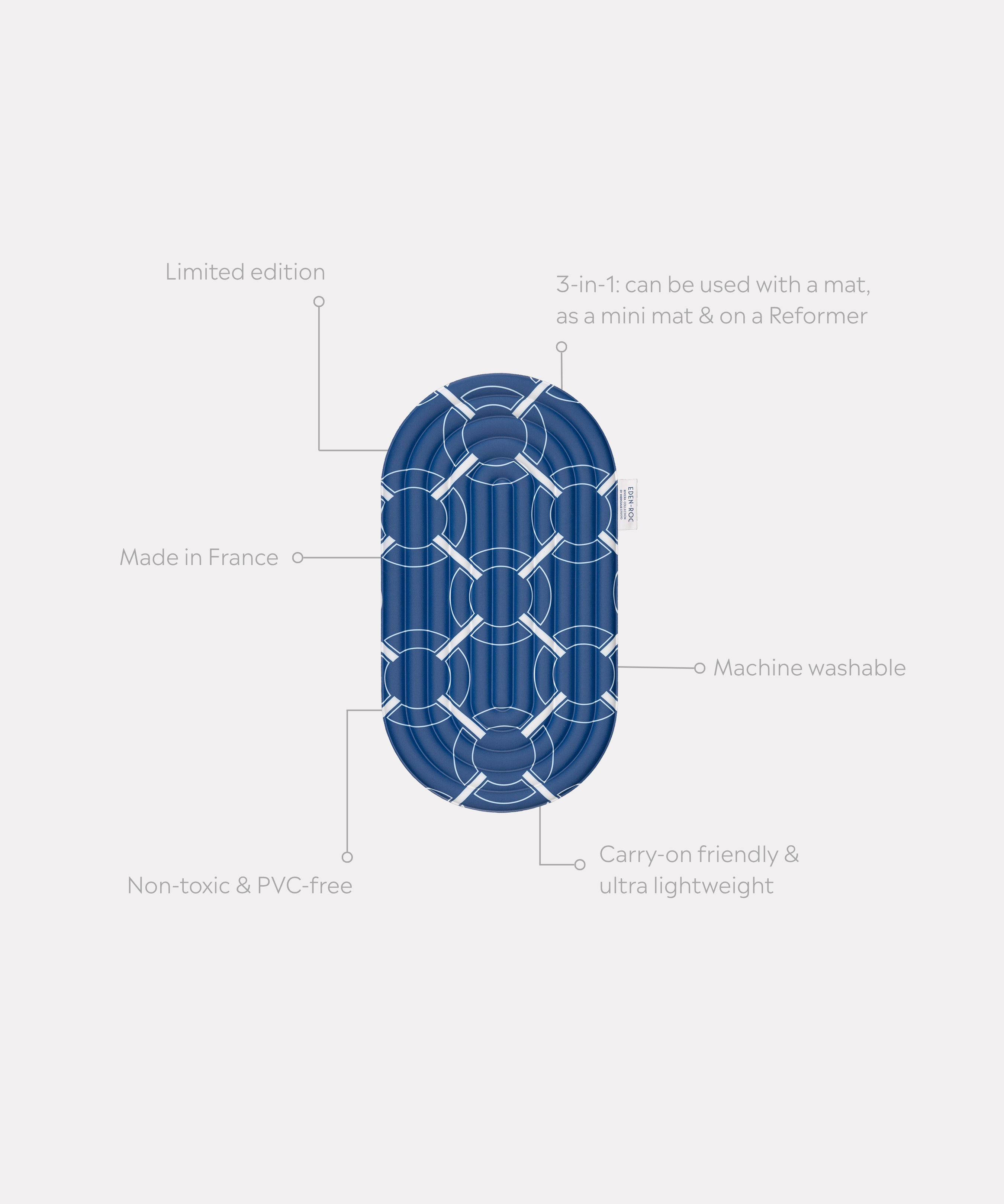 Hercule Studio x Hôtel du Cap-Eden-Roc Galé pad unrolled with informational lines – navy blue 3-in-1 mini mat – ergonomic for knees, elbows, glutes, portable and multi-use, Pilates/Reformer compatible, durable French design