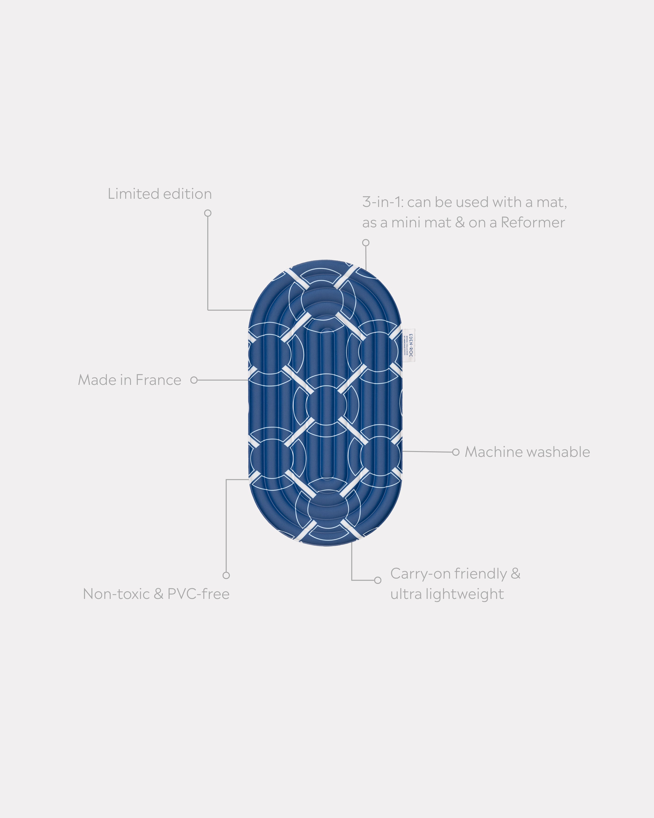 Hercule Studio x Hôtel du Cap-Eden-Roc Galé pad unrolled with informational lines – navy blue 3-in-1 mini mat – ergonomic for knees, elbows, glutes, portable and multi-use, Pilates/Reformer compatible, durable French design