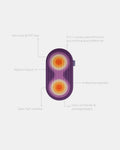 Hercule Studio Galé mini mat unrolled with informational lines – limited edition Fall in collaboration with Univers Uchronia, purple background with 2 orange circles – portable 3-in-1 comfort pad, ergonomic for knees, elbows, glutes, Reformer compatible, durable French design