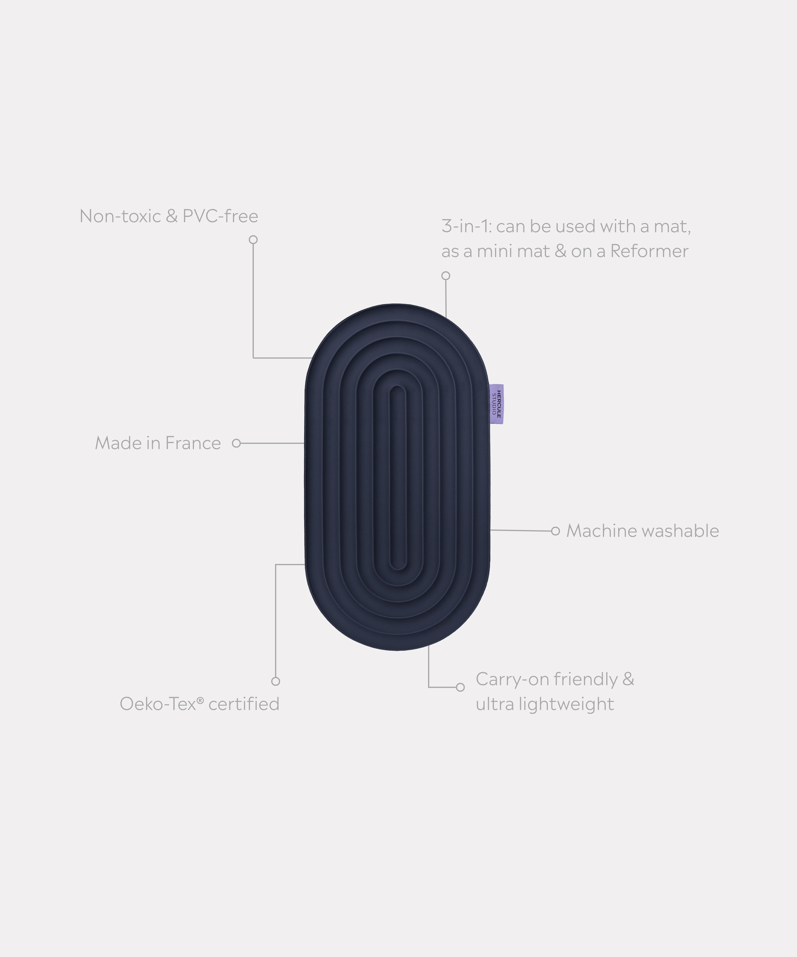 Pad Galé Hercule Studio déplié avec traits d'information – mini tapis 3‑en‑1 bleu marine (navy) – ergonomique pour genoux, coudes, fessiers, nomade et multi-usage, compatible Pilates/Reformer, design français durable