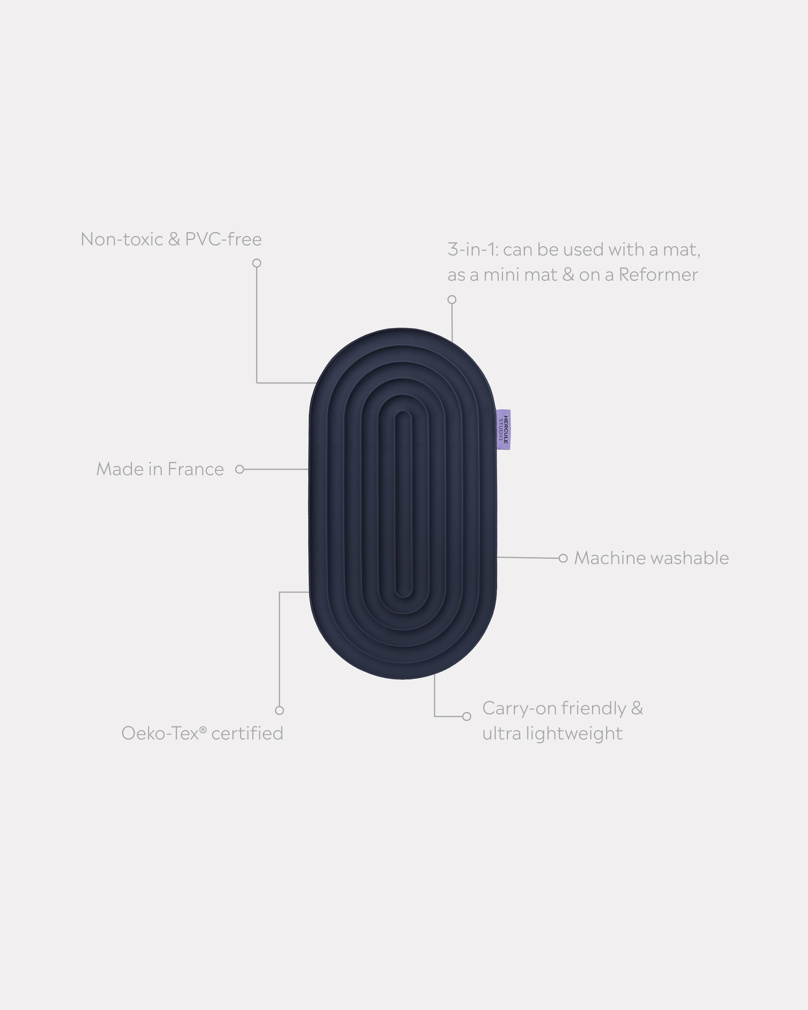 Hercule Studio Galé pad unrolled with informational lines – navy blue 3-in-1 mini mat – ergonomic for knees, elbows, glutes, portable and multi-use, Pilates/Reformer compatible, durable French design