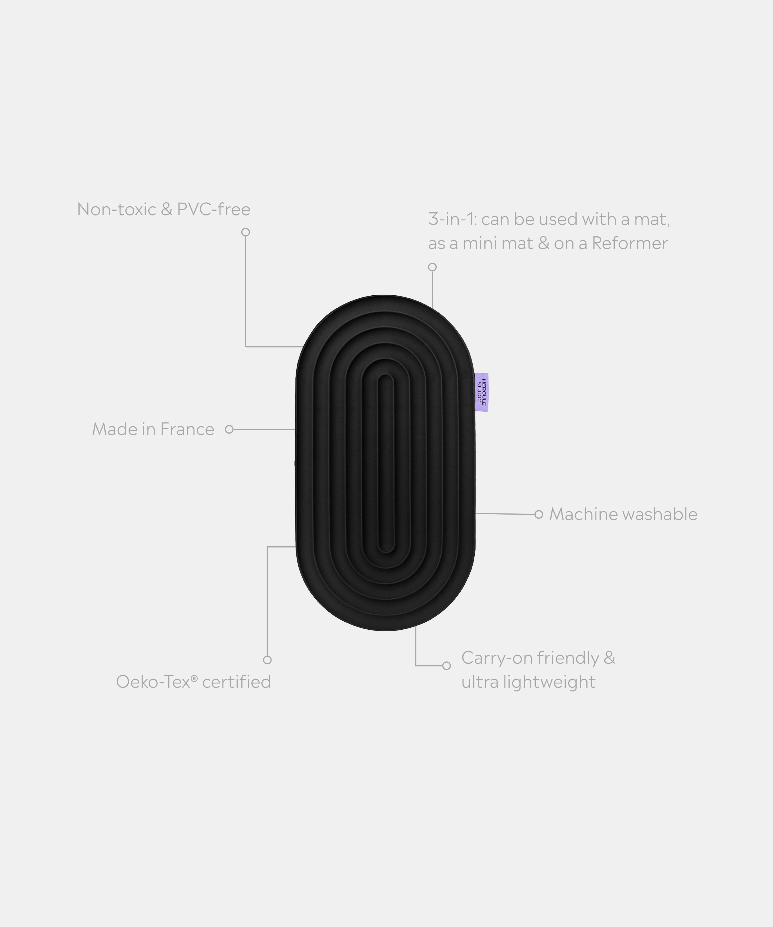 Pad Galé Hercule Studio déplié avec traits d’information – mini tapis 3‑en‑1 noir (Outrenoir) – ergonomique pour genoux, coudes, fessiers, multi-usage nomade, compatible Pilates/Reformer, design français durable