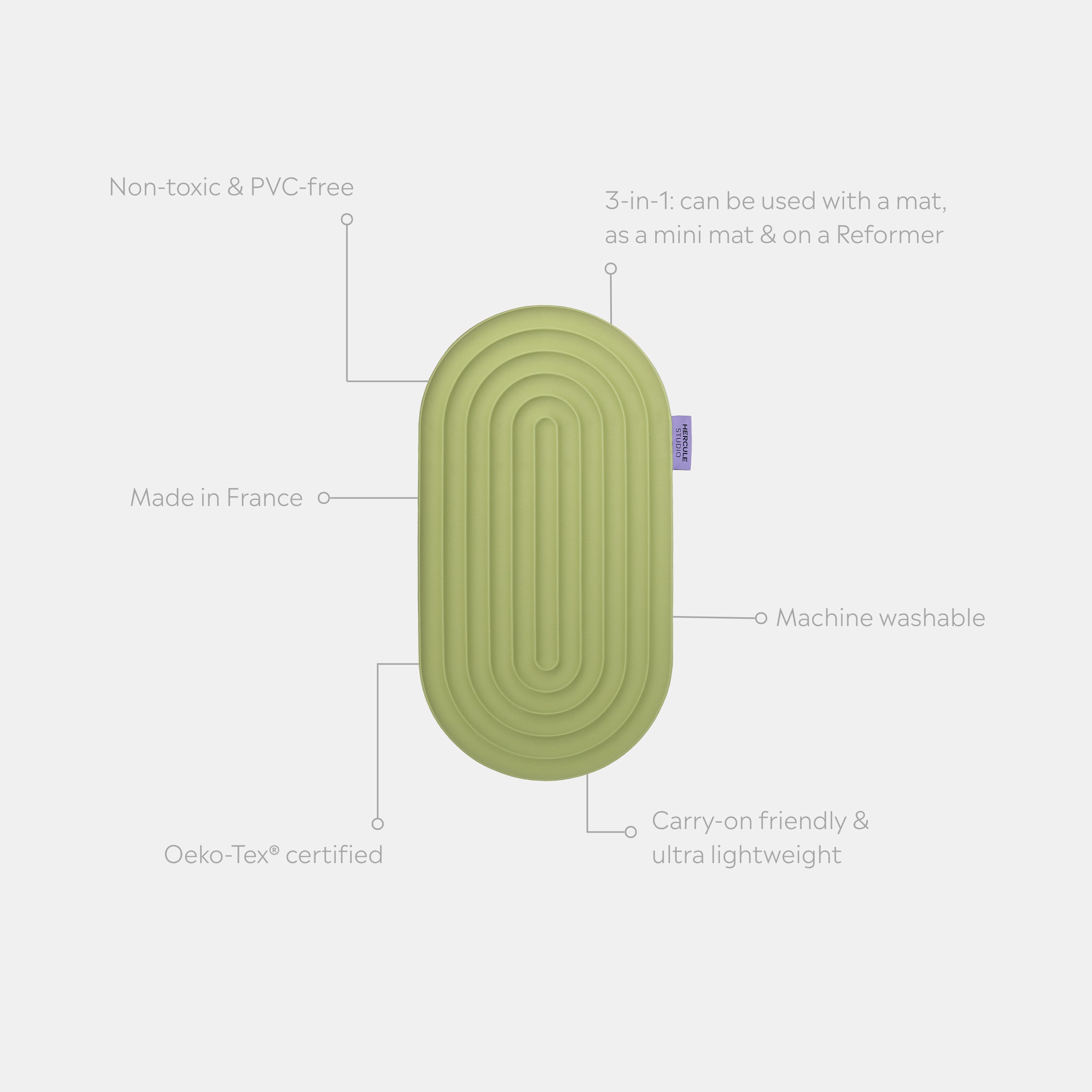 Mini tapis de sol pad de confort de la marque hercule studio modèle galé couleur pistache packshot déplié avec éléments de réassurance