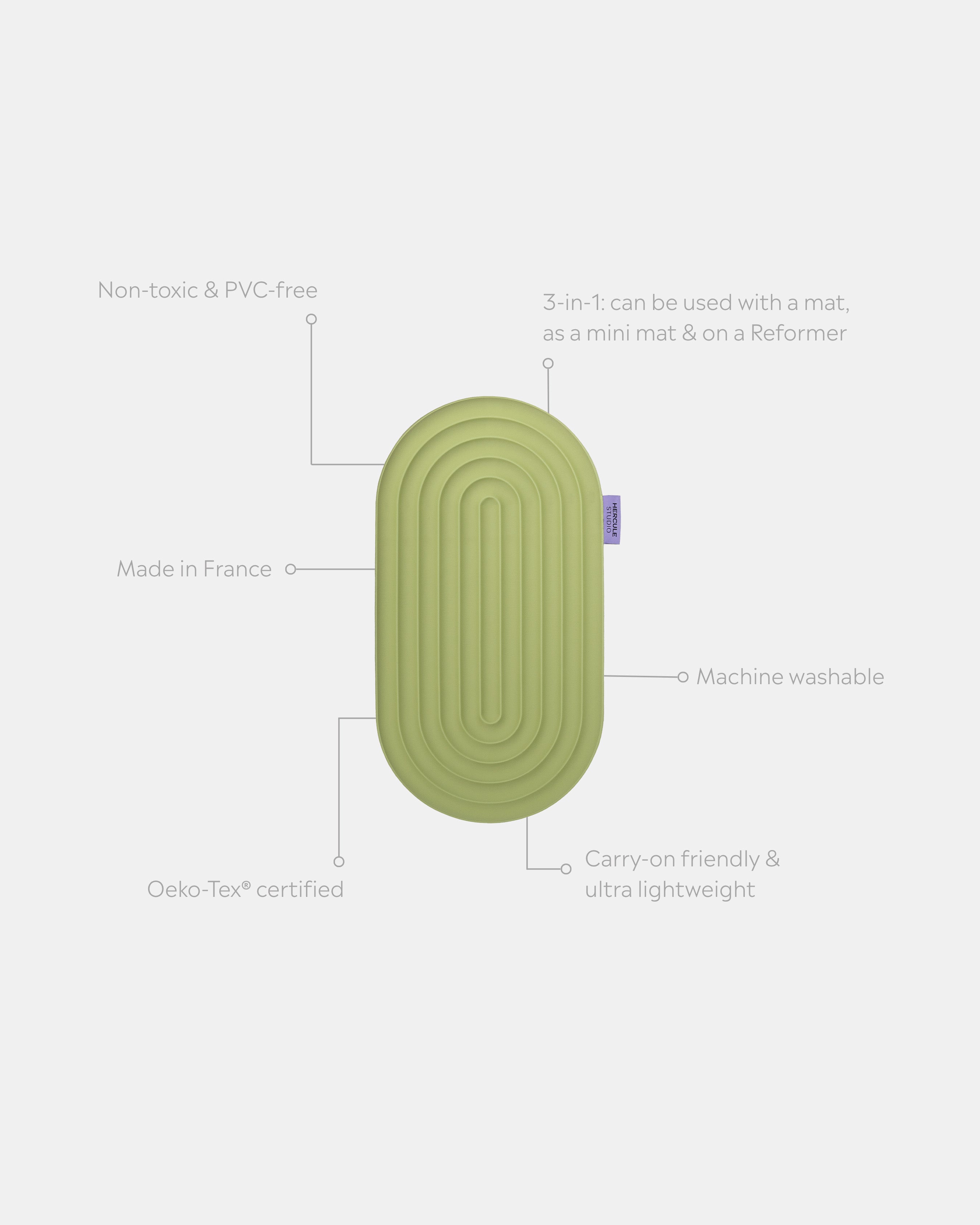 Hercule Studio Galé mini mat unrolled with trust elements – pistachio green 3-in-1 pad – ergonomic support for sensitive areas, portable, multi-use, Pilates and Reformer compatible, durable design