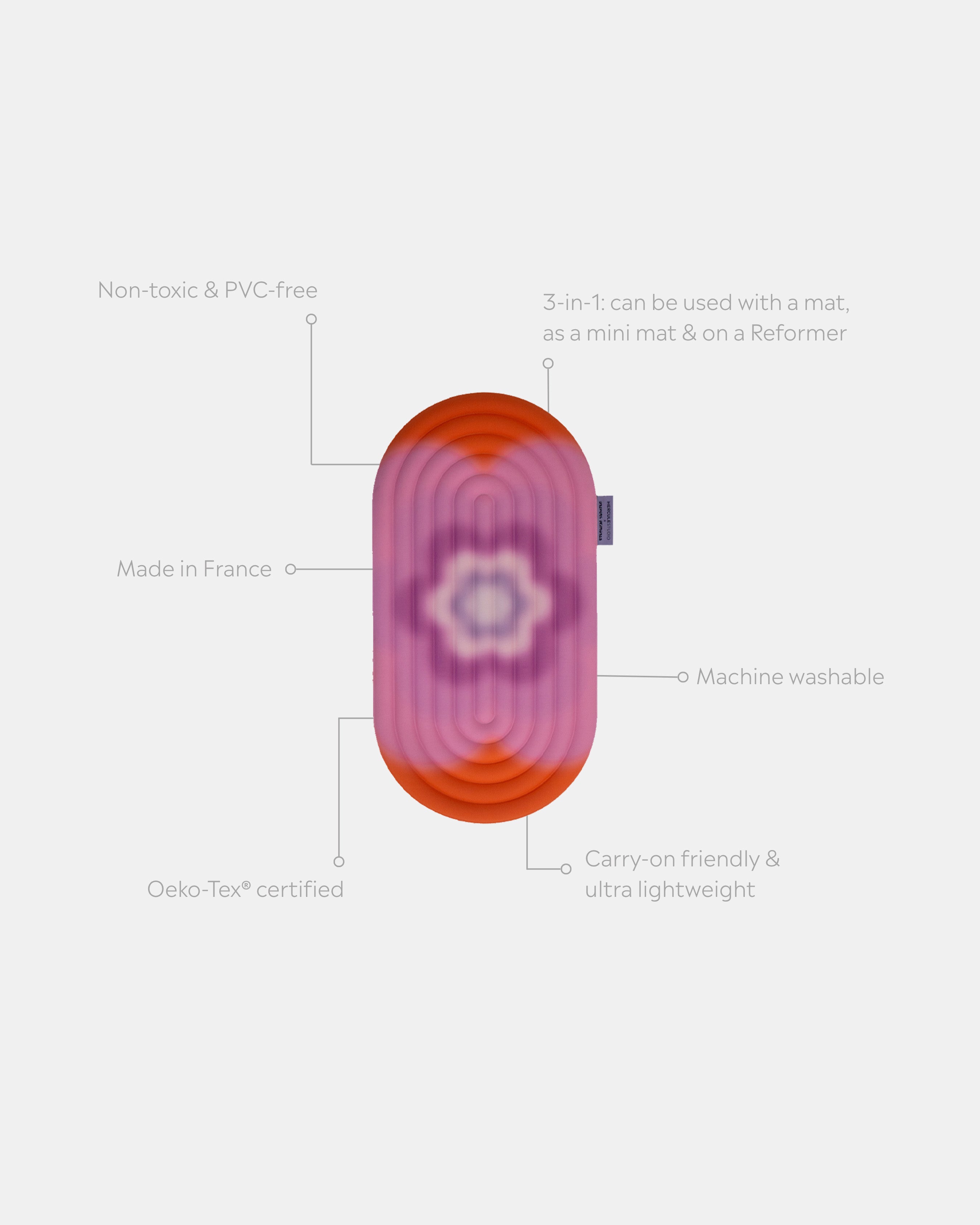 Hercule Studio Galé mini mat unrolled with trust elements – limited edition Spring in collaboration with Univers Uchronia, pink background with large flower – portable 3-in-1 comfort pad, ergonomic support for knees, elbows, glutes, Reformer compatible, durable design made in France