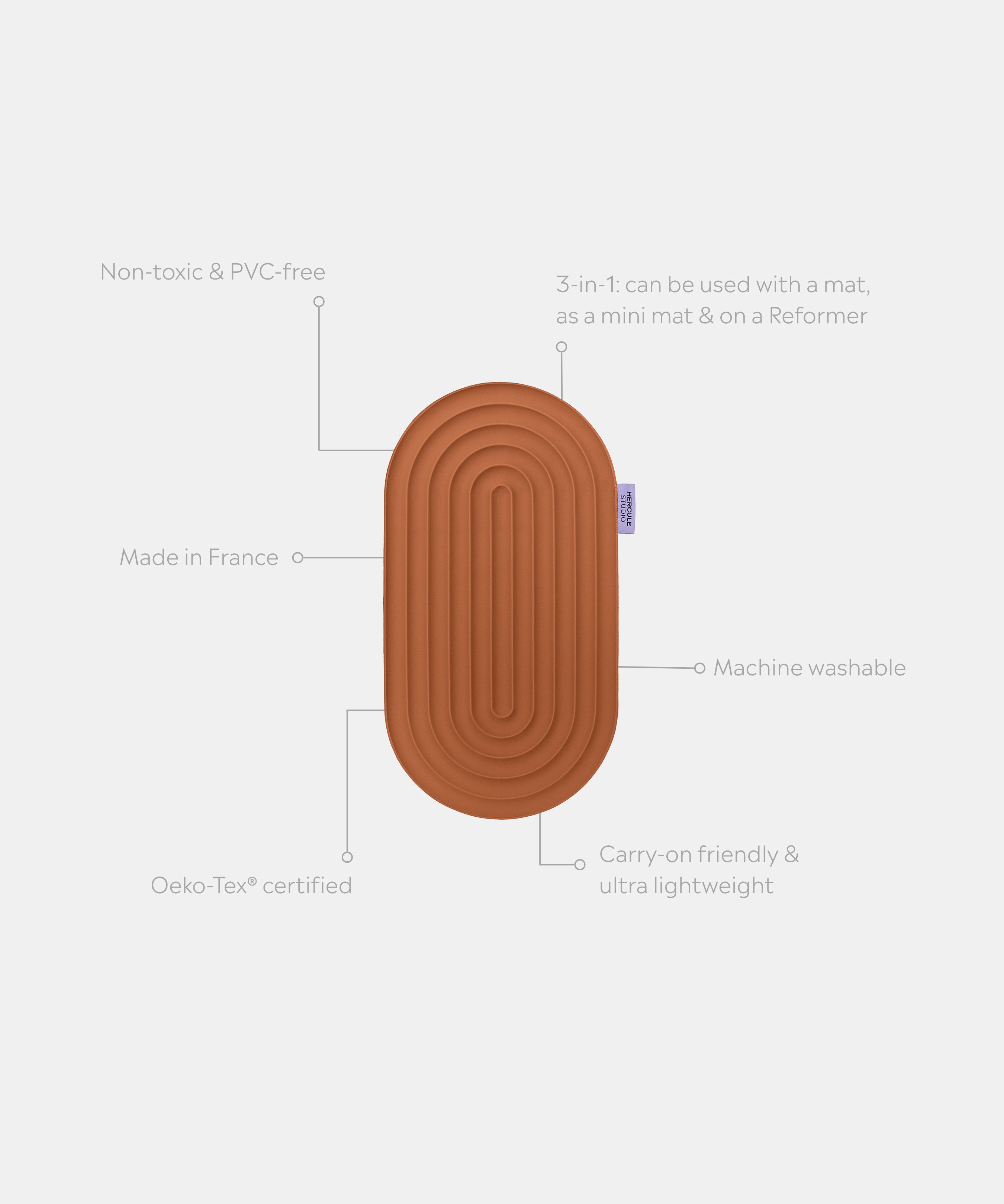 Pad Galé Hercule Studio déplié avec traits d’information – mini tapis 3‑en‑1 terracotta – ergonomique pour genoux, coudes, fessiers, nomade et multi-usage, compatible Pilates/Reformer, design français durable