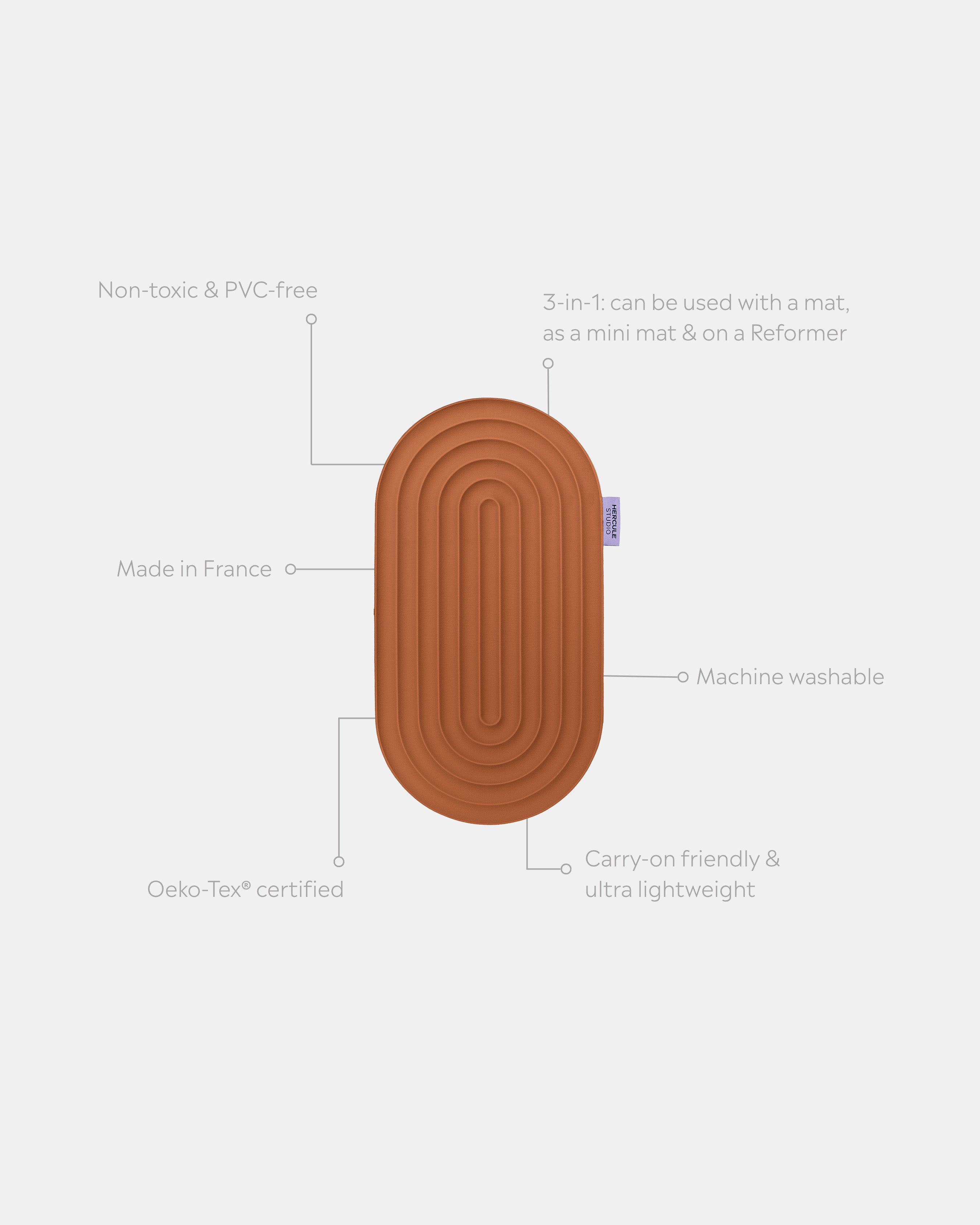 Hercule Studio Galé pad unrolled with informational lines – terracotta 3-in-1 mini mat – ergonomic for knees, elbows, glutes, portable and multi-use, Pilates/Reformer compatible, durable French design