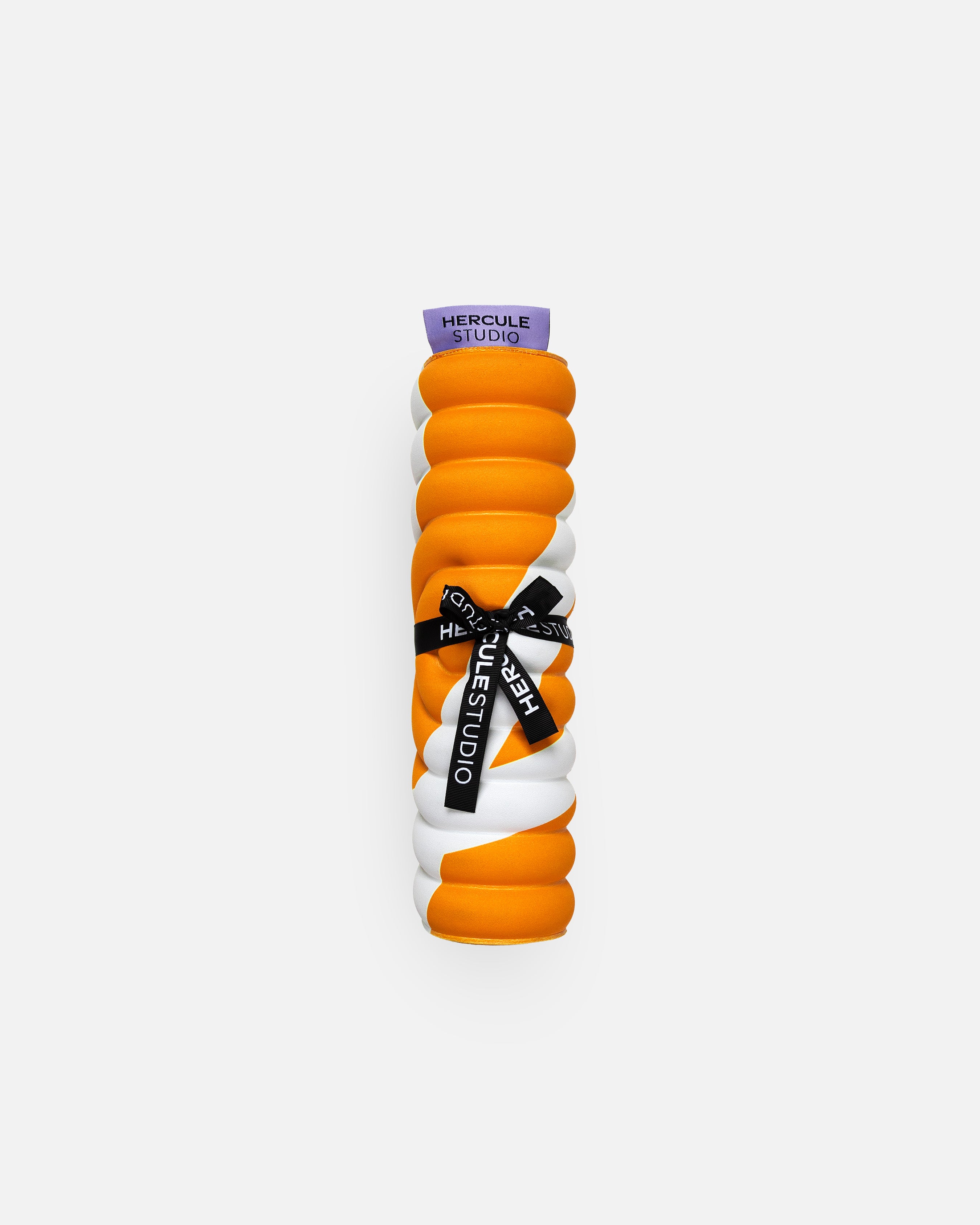 Hercule Studio Galé mini mat – orange and ecru printed Bari Orange Pop portable 3-in-1 pad with logo ribbon – convenient for transport, made in France, durable design, rolled view with logo ribbon
