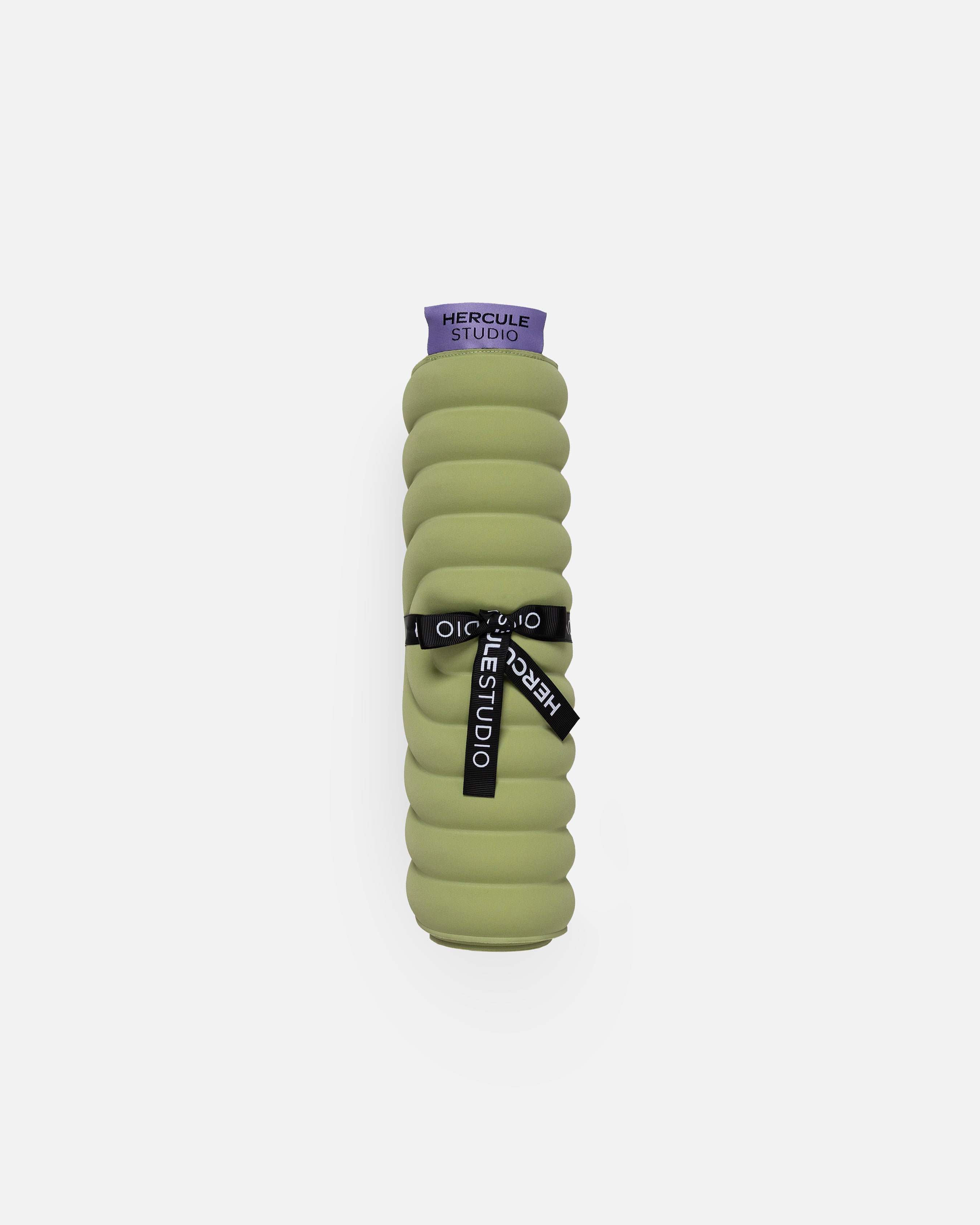 Hercule Studio Galé mini mat – pistachio green portable 3-in-1 pad with logo ribbon – ideal for travel, Pilates Reformer, ergonomic and durable design, rolled view with logo ribbon