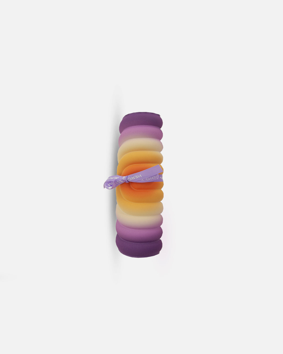 Hercule Studio Galé mini mat rolled with custom purple ribbon – limited edition Fall in collaboration with Univers Uchronia, purple background with 2 orange circles – portable 3-in-1 pad, convenient for travel, Pilates and Reformer, durable French design