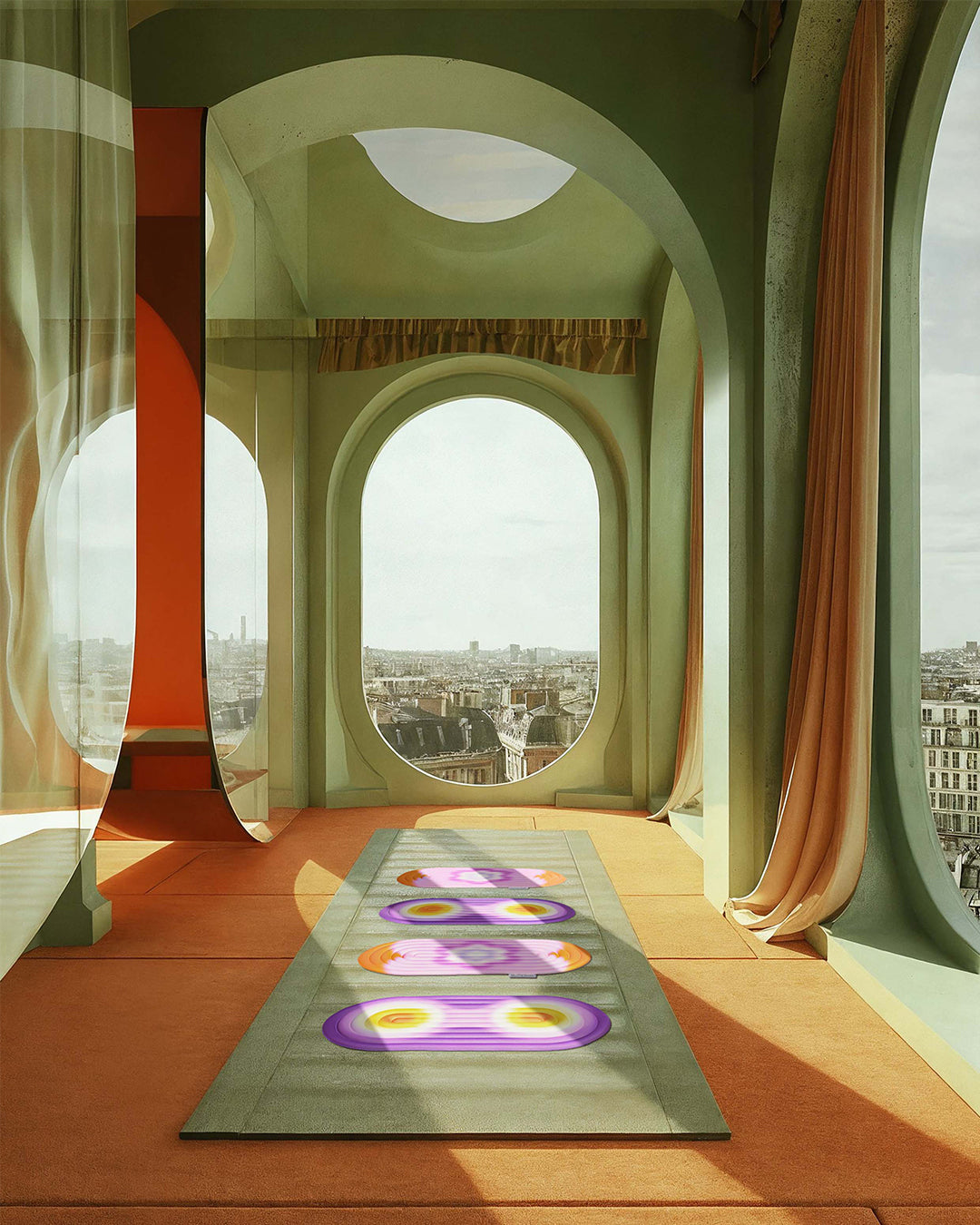 Mini tapis de sol pad de confort de la marque hercule studio et uchronia modèle galé imprimé spring et fall shooting lifestyle dans un décor parisien réalisé par l'intelligence artificielle