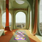 Mini tapis de sol pad de confort de la marque hercule studio et uchronia modèle galé imprimé spring et fall shooting lifestyle dans un décor parisien réalisé par l'intelligence artificielle