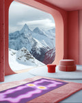 Mini floor mat and comfort pad by Hercule Studio and Uchronia, “Galé” model with “Fall” print on an ‘Archy’ sports mat featuring a “Winter Shooting Lifestyle” print set against a snowy backdrop, created by artificial intelligence