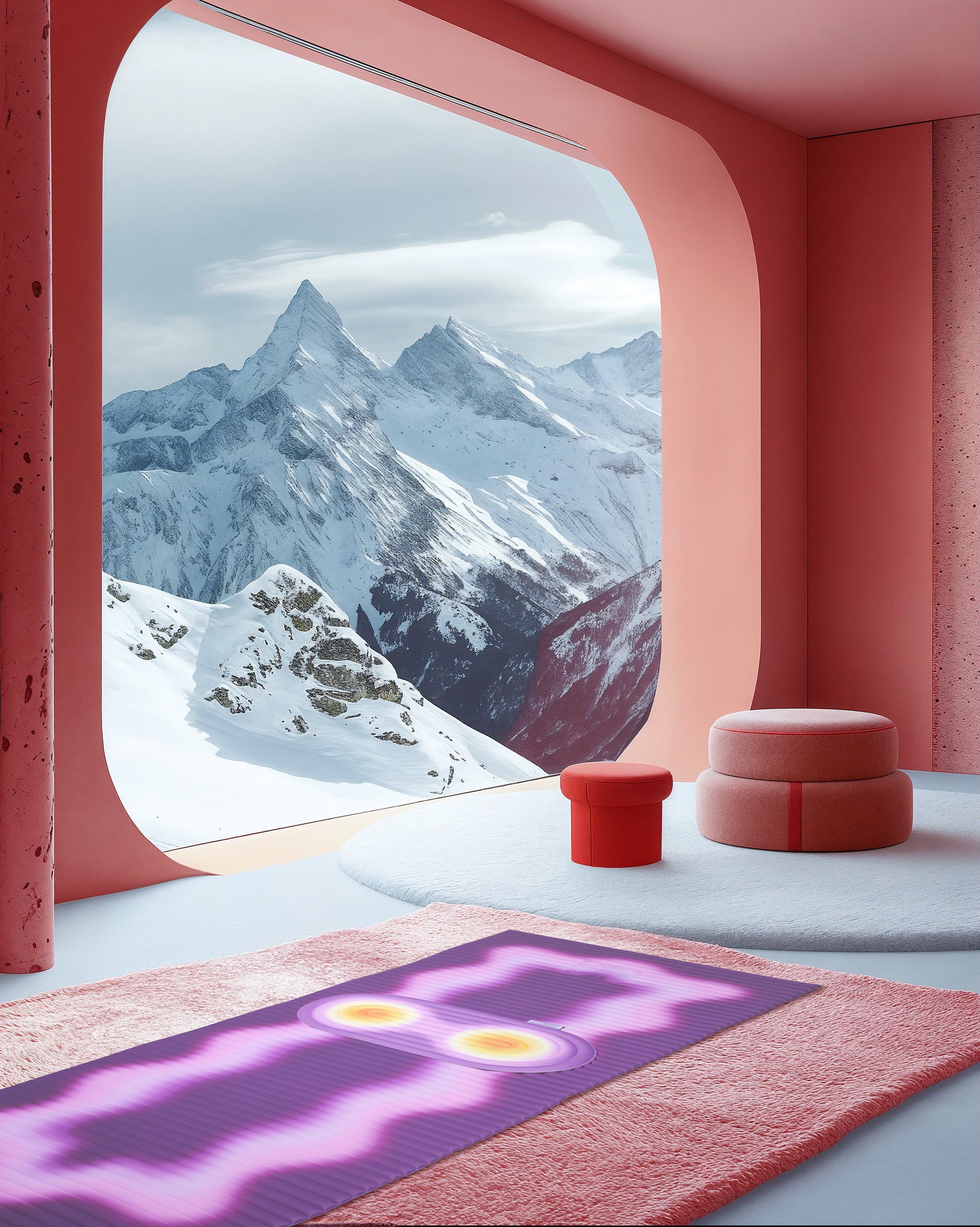 Mini floor mat and comfort pad by Hercule Studio and Uchronia, “Galé” model with “Fall” print on an ‘Archy’ sports mat featuring a “Winter Shooting Lifestyle” print set against a snowy backdrop, created by artificial intelligence