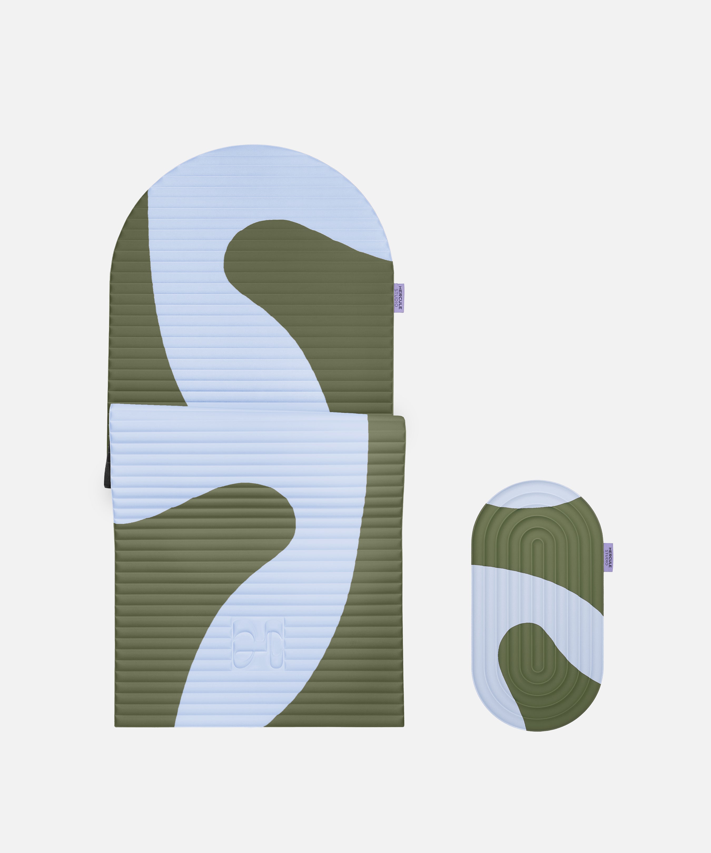 Hercule Studio Axel khaki blue printed comfort bundle with the premium Archy mat and the portable Galé 3-in-1 mini mat, ergonomic bundle for Pilates, yoga and Reformer, durable French craftsmanship, packshot