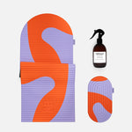 Bundle essentiel Hercule Studio imprimé Axel rouge orangé avec tapis Archy graphique, pad Galé 3-en-1 et spray nettoyant pour tapis de sport, set pilates design et responsable fabriqué en France, packshot produits