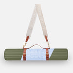 Hercule Studio Axel khaki and blue printed nomad bundle including the graphic Archy mat and a mat carrying strap for sport mats, design and functional duo for Pilates and fitness on the move, packshot