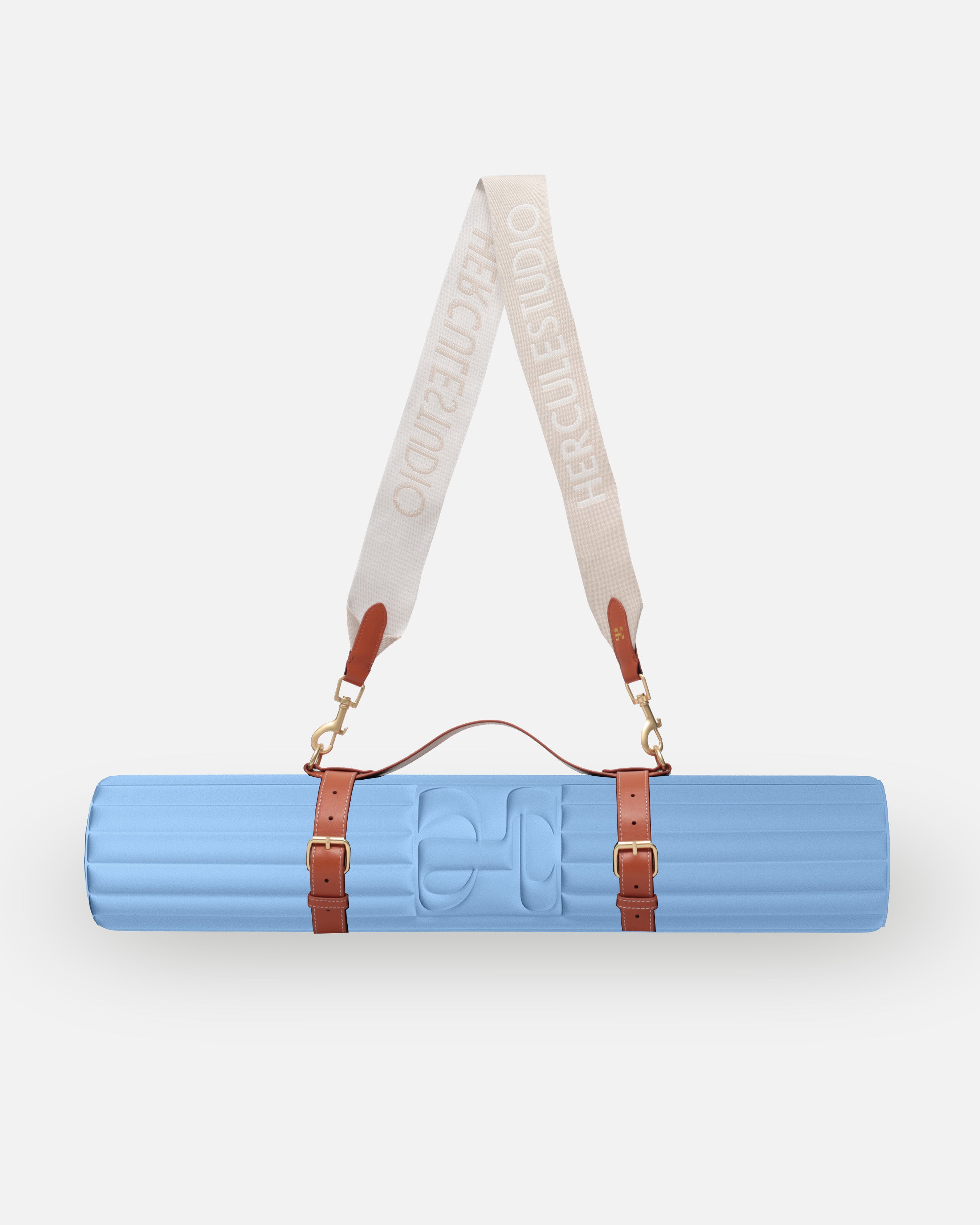 Hercule Studio blue jean nomad bundle with the design Archy sport mat and an elegant mat carrying strap, practical bundle for fitness and Pilates Reformer, responsible Made in France craftsmanship, packshot view