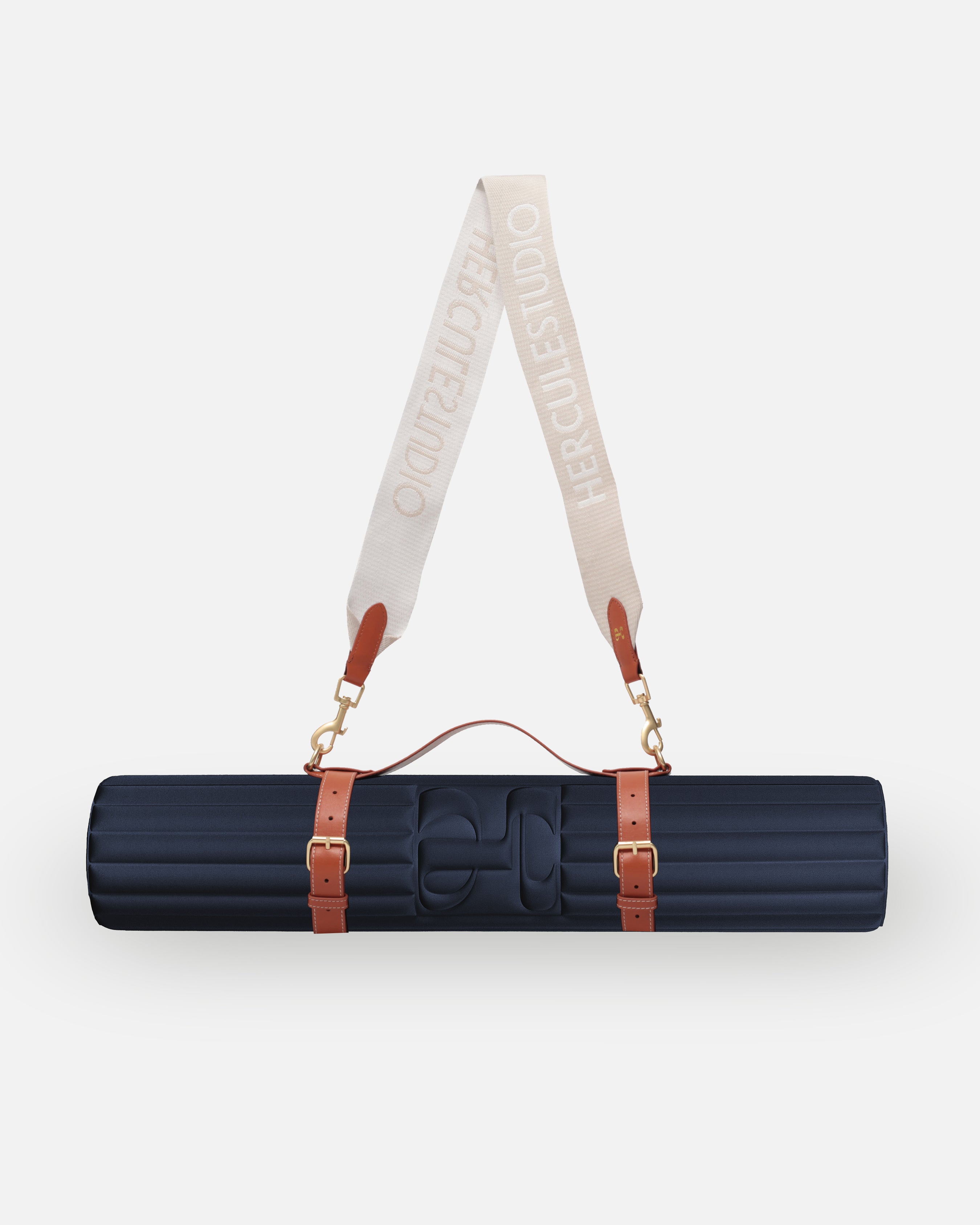Hercule Studio navy blue nomad bundle with the design Archy mat and a mat carrying strap for sport mats, lightweight and elegant bundle for Pilates and fitness on the move, made in France, packshot
