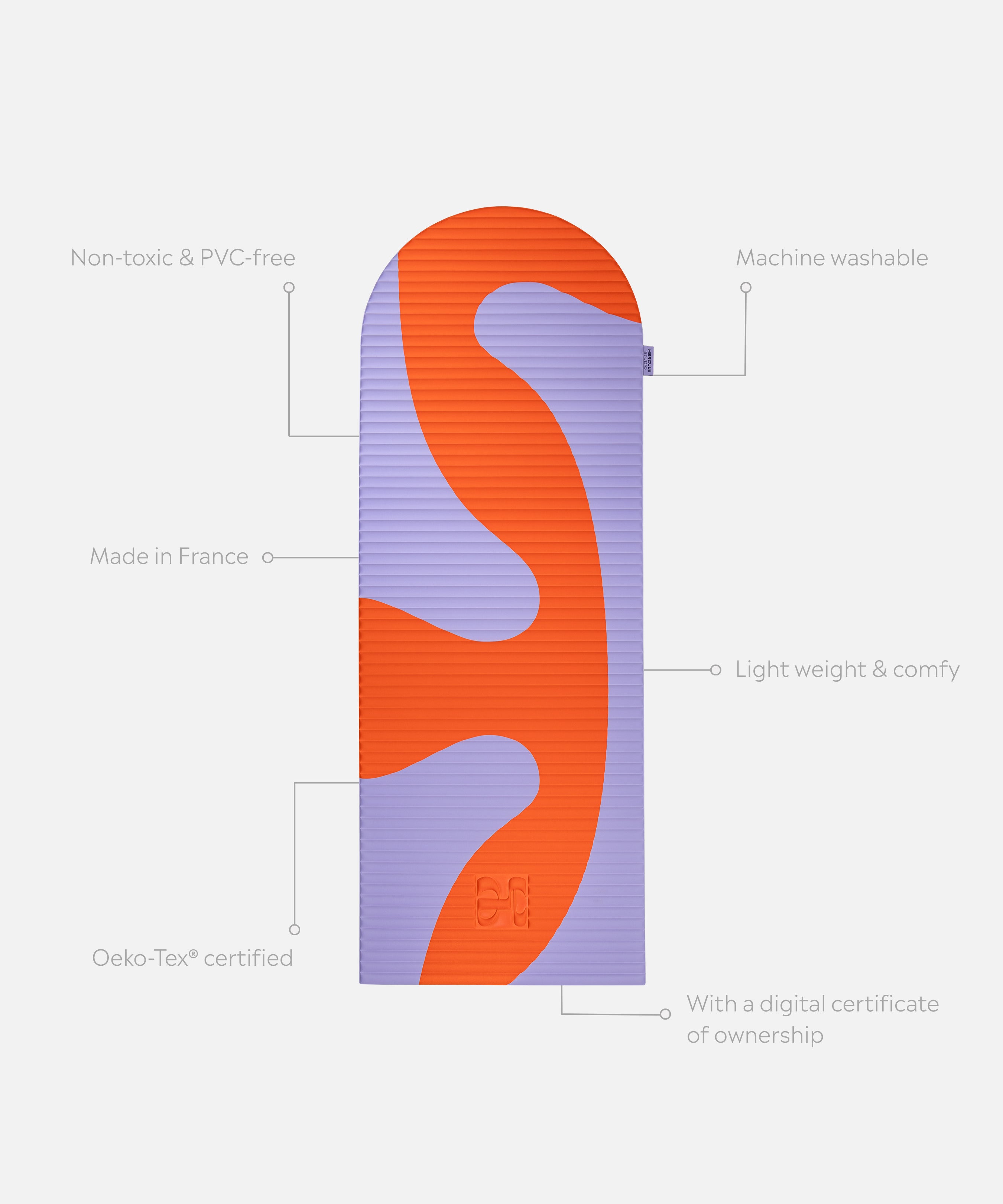 Tapis de sport déplié Hercule Studio Archy imprimé rouge et violet (Axel), tapis de sol design durable et premium Made in France pour fitness, pilates et étirements, avec annotations montrant les caractéristiques et points de qualité du produit