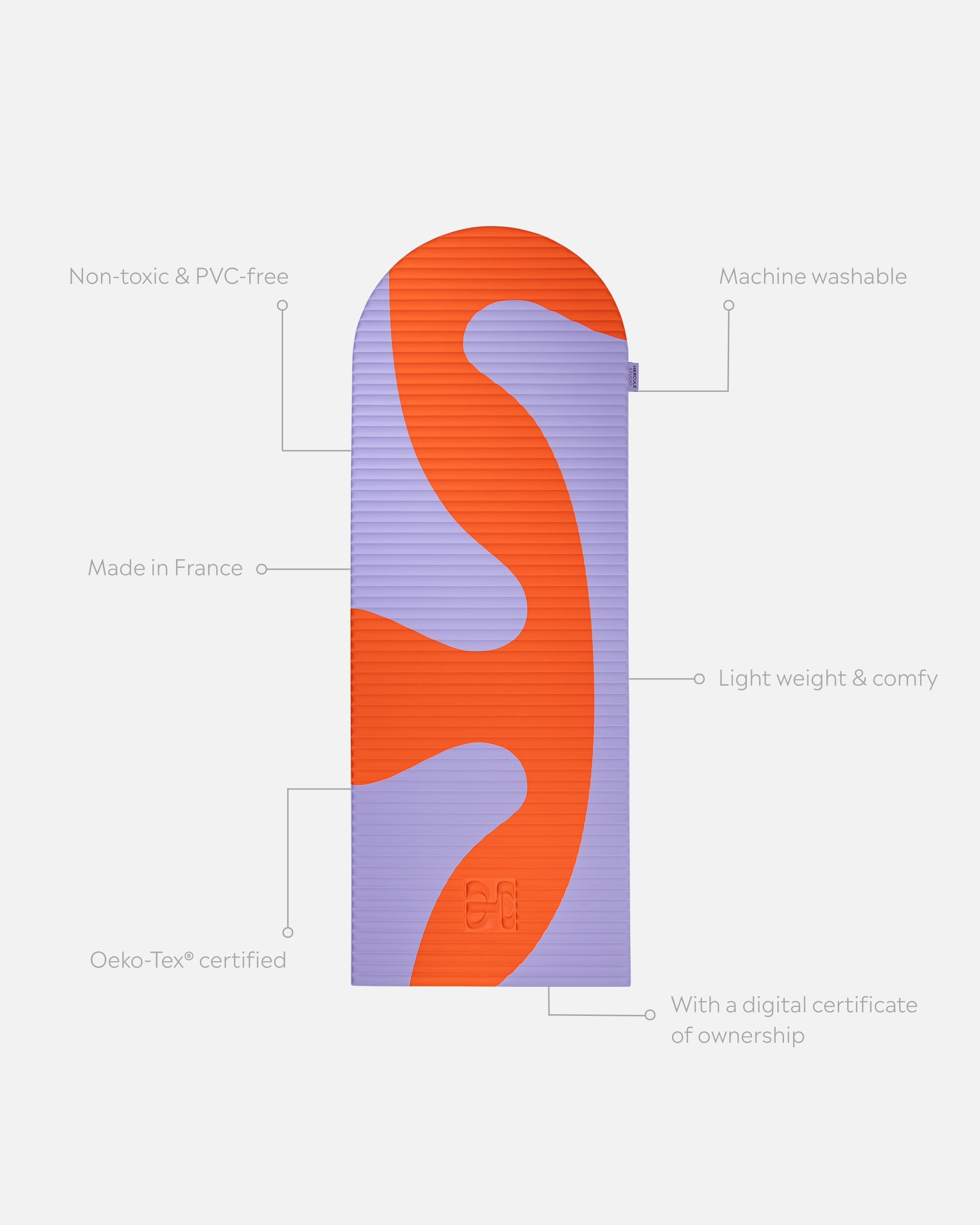 Tapis de sport déplié Hercule Studio Archy imprimé rouge et violet (Axel), tapis de sol design durable et premium Made in France pour fitness, pilates et étirements, avec annotations montrant les caractéristiques et points de qualité du produit