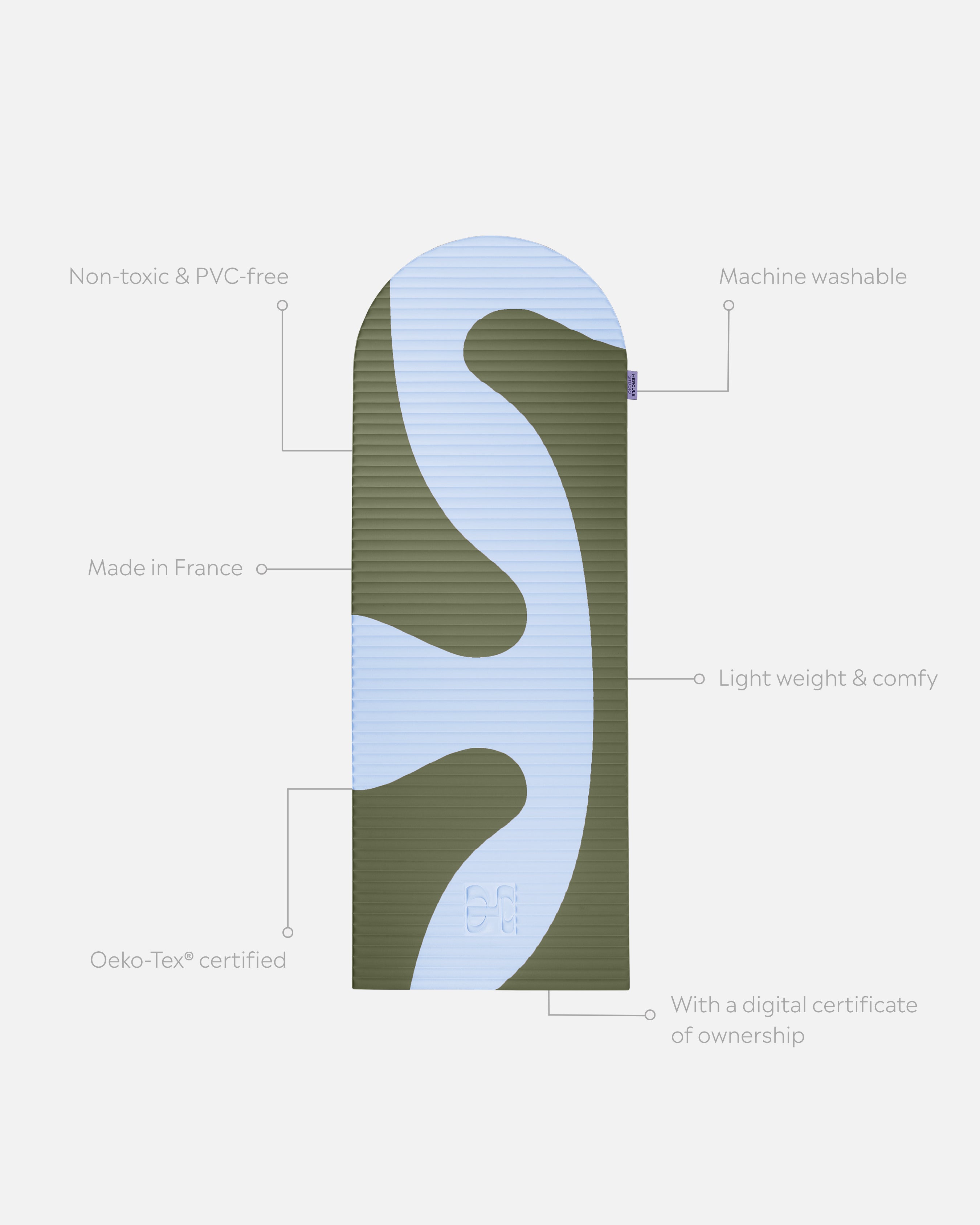 Hercule Studio Archy khaki and blue printed (Axel) unrolled sport mat, premium Made in France design mat for fitness, Pilates and stretching, with annotations highlighting key features and quality points