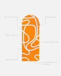 Hercule Studio Archy orange and ecru printed (Bari Orange Pop) unrolled sport mat, premium Made in France design mat for fitness, Pilates and stretching, with annotations highlighting key features and quality points
