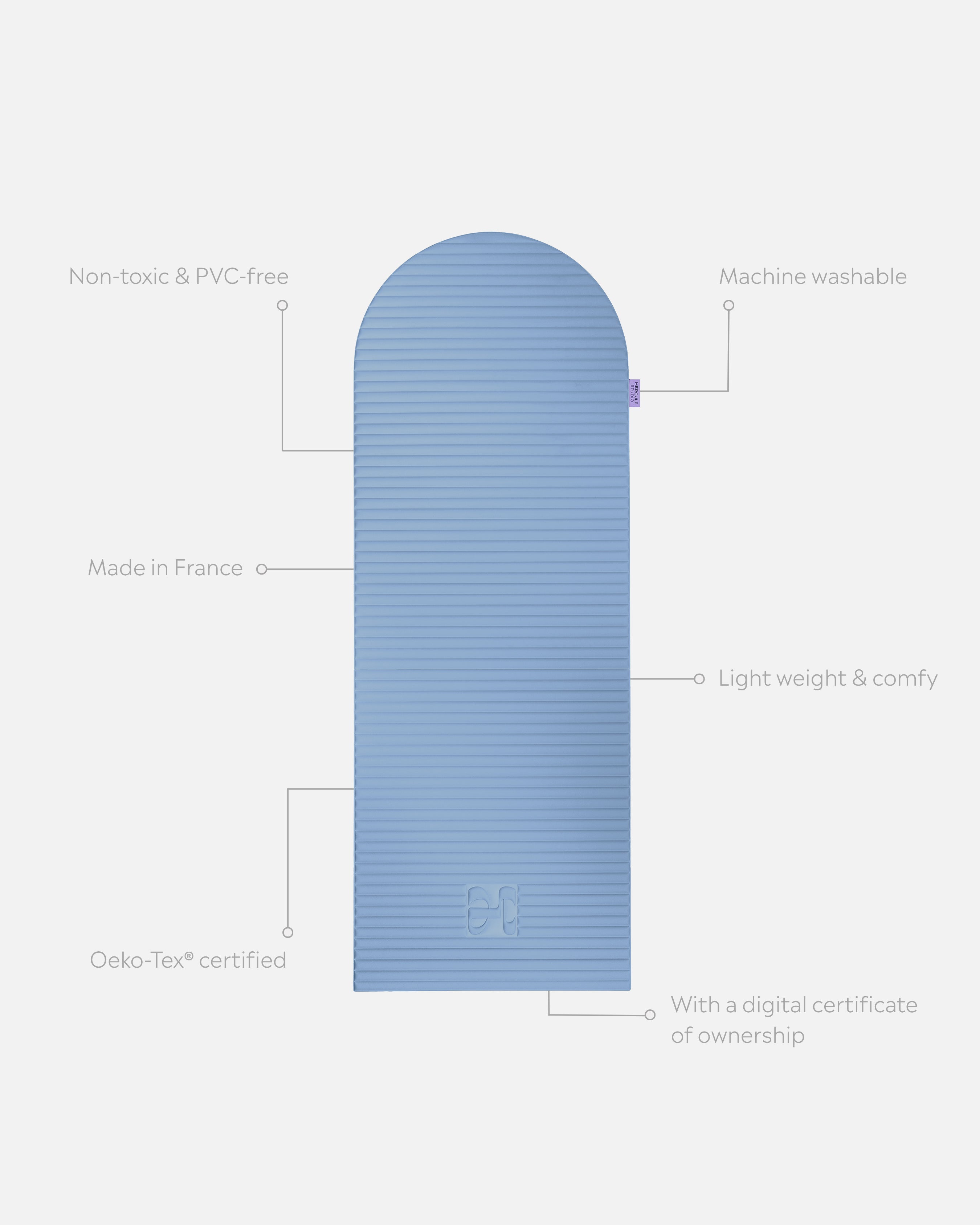 Hercule Studio Archy blue jean unrolled sport mat, premium Made in France design mat for fitness, Pilates and stretching, with annotations highlighting key features and quality points