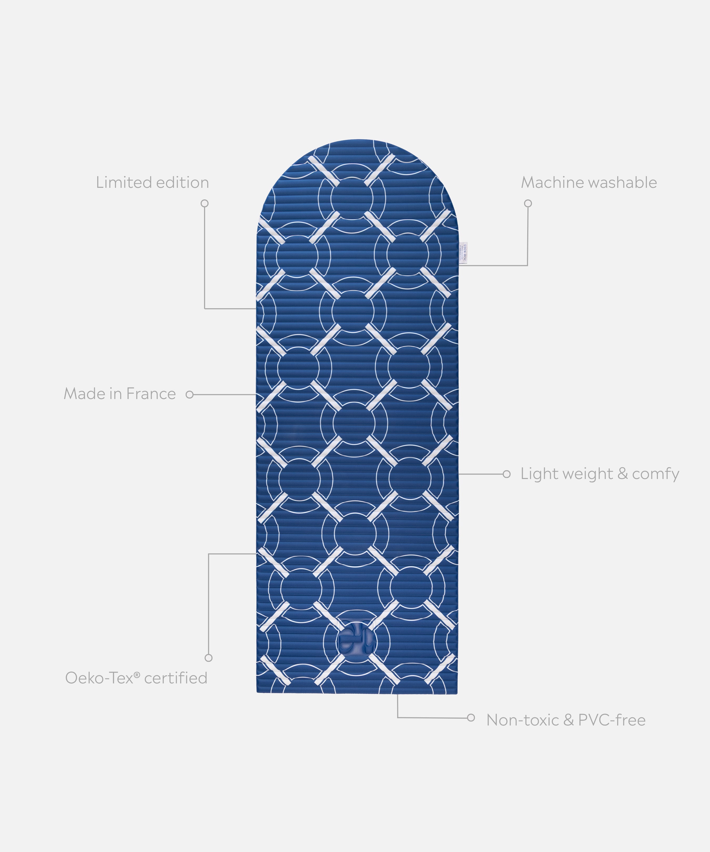 Hercule Studio x Hôtel du Cap-Eden-Roc Archy unrolled sport mat, premium Made in France design mat for fitness, Pilates and stretching, with annotations highlighting key features and quality points