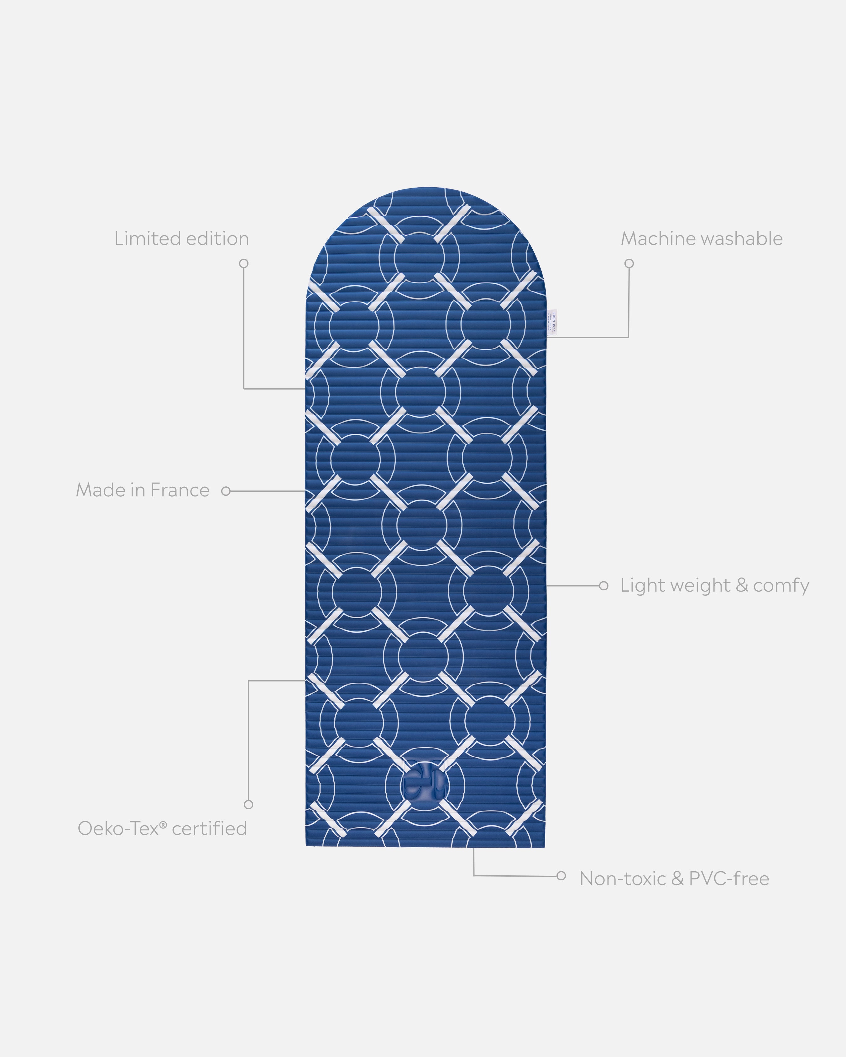 Hercule Studio x Hôtel du Cap-Eden-Roc Archy unrolled sport mat, premium Made in France design mat for fitness, Pilates and stretching, with annotations highlighting key features and quality points