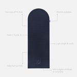 Hercule Studio Archy navy unrolled sport mat, premium Made in France design mat for fitness, Pilates and stretching, with annotations highlighting key features and quality points