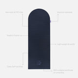 Hercule Studio Archy navy unrolled sport mat, premium Made in France design mat for fitness, Pilates and stretching, with annotations highlighting key features and quality points