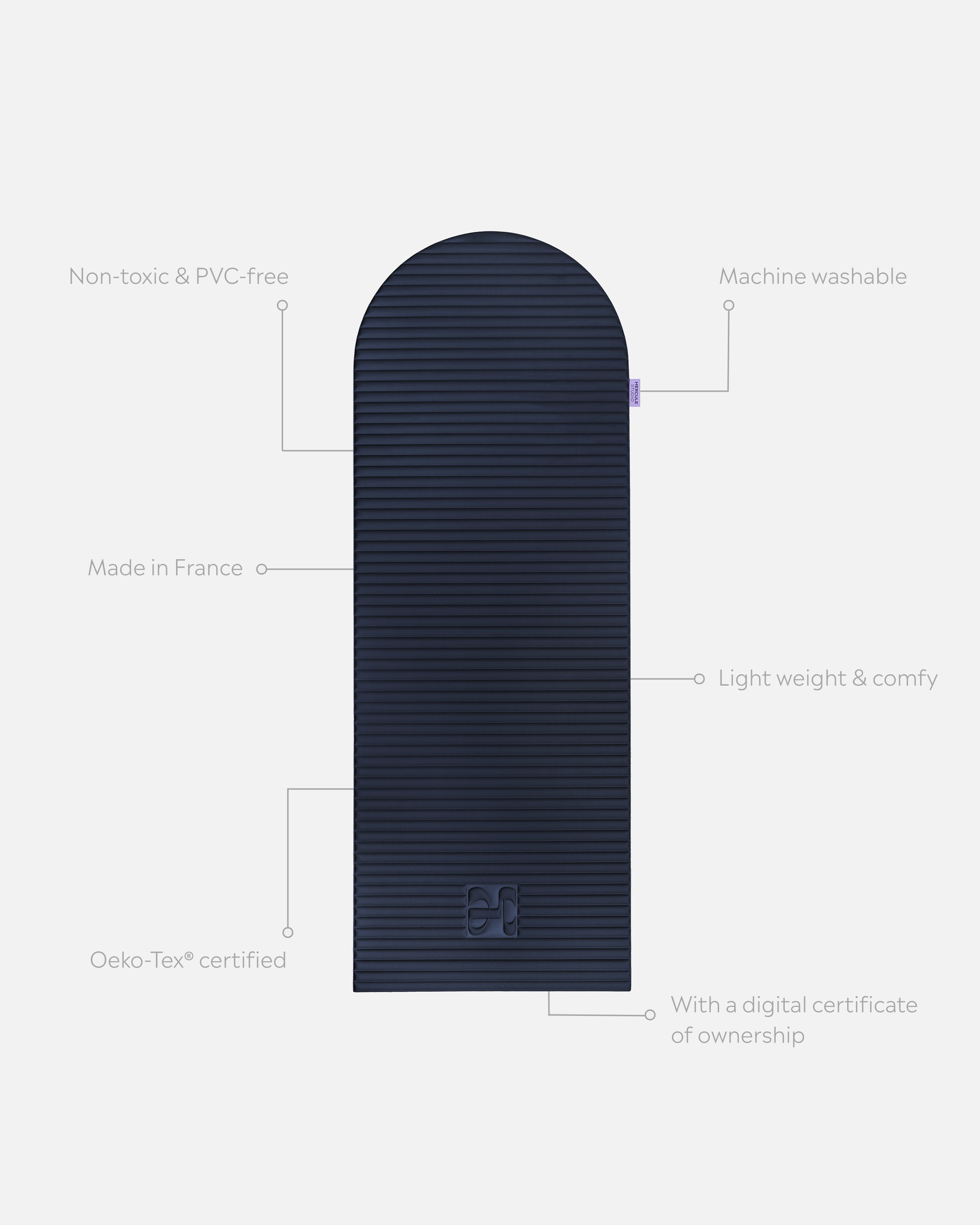 Hercule Studio Archy navy unrolled sport mat, premium Made in France design mat for fitness, Pilates and stretching, with annotations highlighting key features and quality points