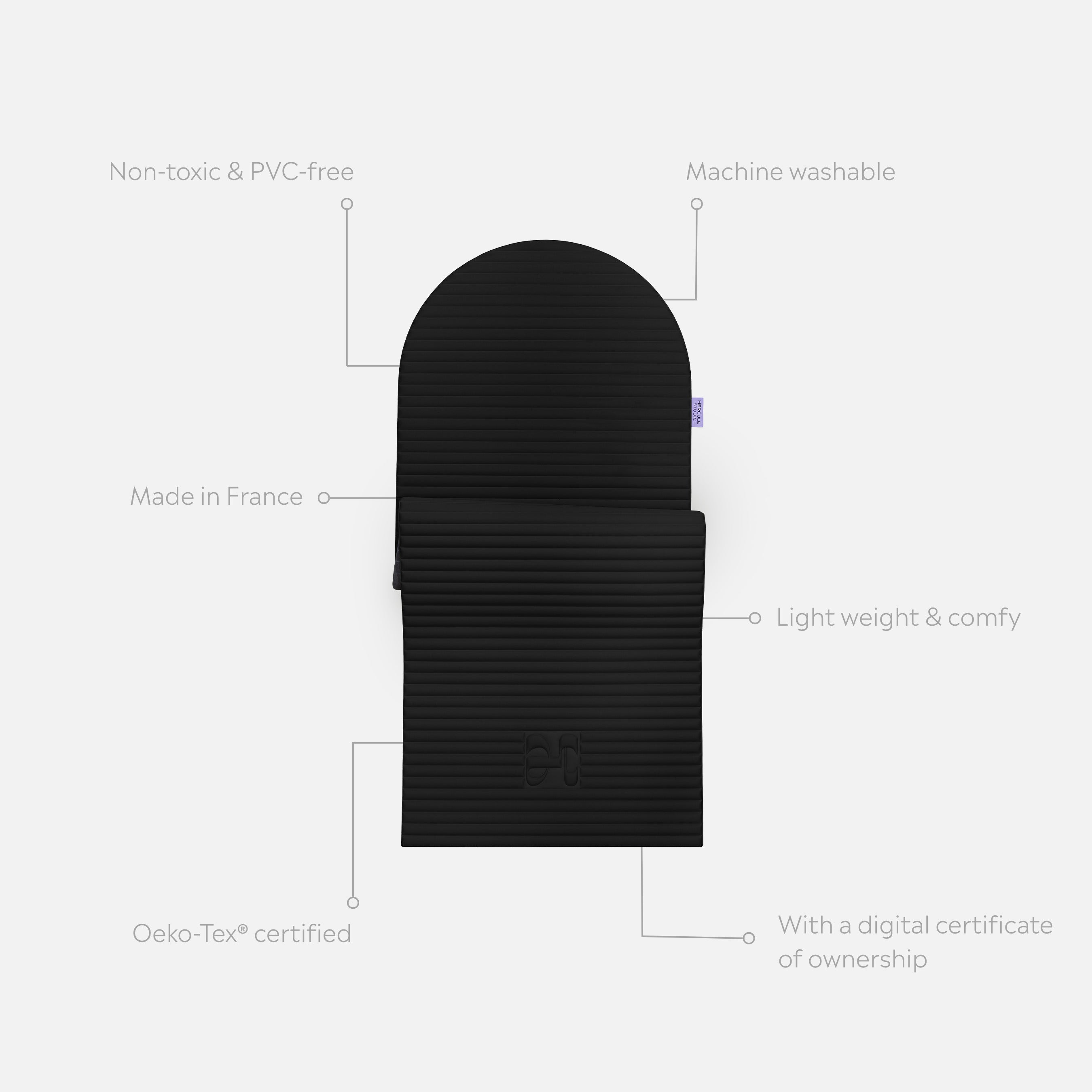 Tapis de sol pour le fitness le yoga et le pilates de la marque hercule studio modèle archy couleur outrenoir packshot semi déplié avec éléments de réassurance