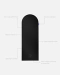 Hercule Studio Archy Midnight Black unrolled sport mat, premium Made in France design mat for fitness, Pilates and stretching, with annotations highlighting key features and quality points