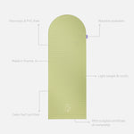 Hercule Studio Archy pistachio green unrolled sport mat, premium Made in France design mat for fitness, Pilates and stretching, with annotations highlighting key features and quality points