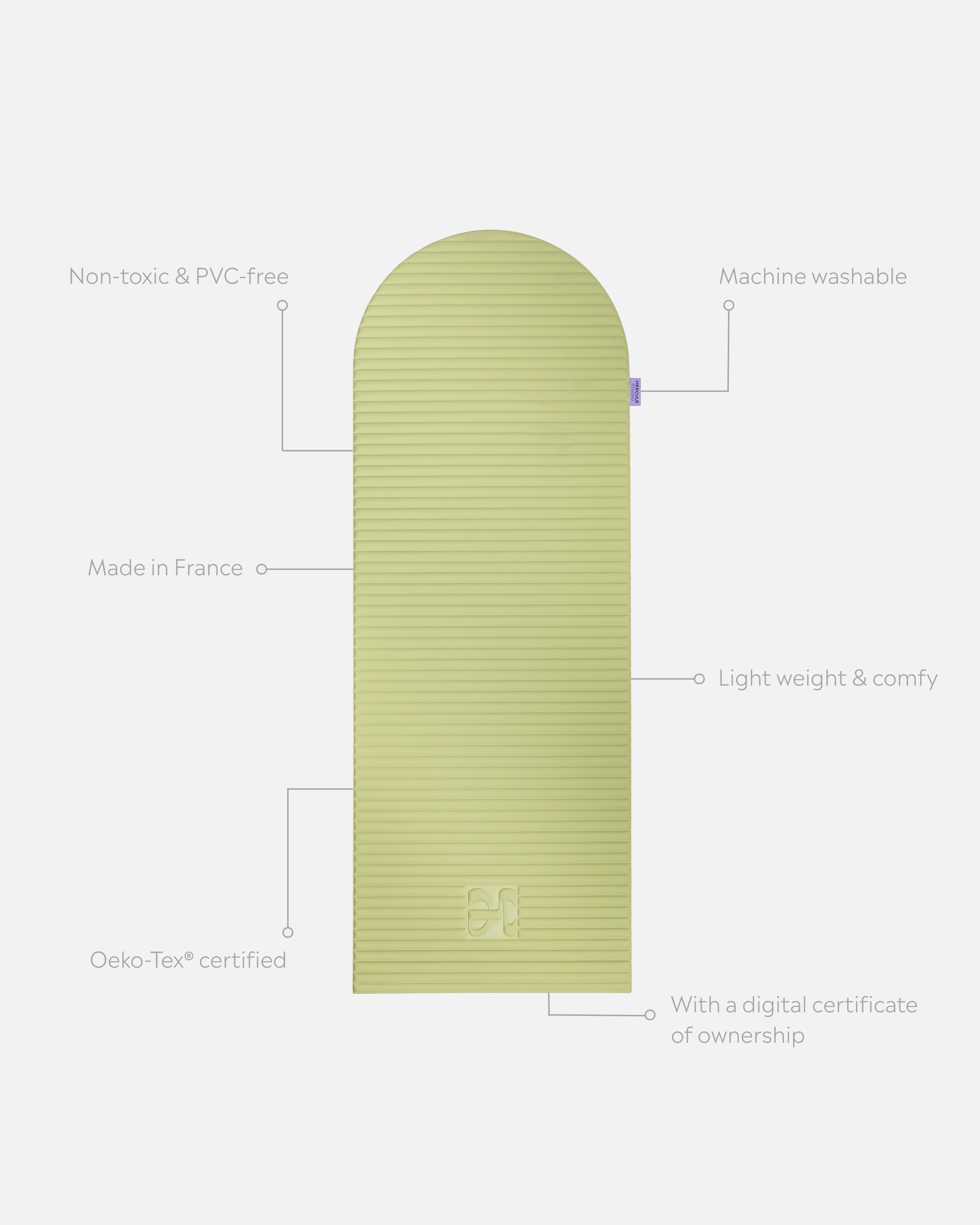 Hercule Studio Archy pistachio green unrolled sport mat, premium Made in France design mat for fitness, Pilates and stretching, with annotations highlighting key features and quality points