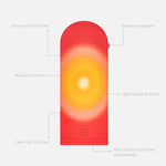 Tapis de sport déplié Hercule Studio x Univers Uchronia Archy imprimé rouge et jaune Summer, tapis de sol design durable et premium Made in France pour fitness, pilates et étirements, avec annotations montrant les caractéristiques et points de qualité du produit