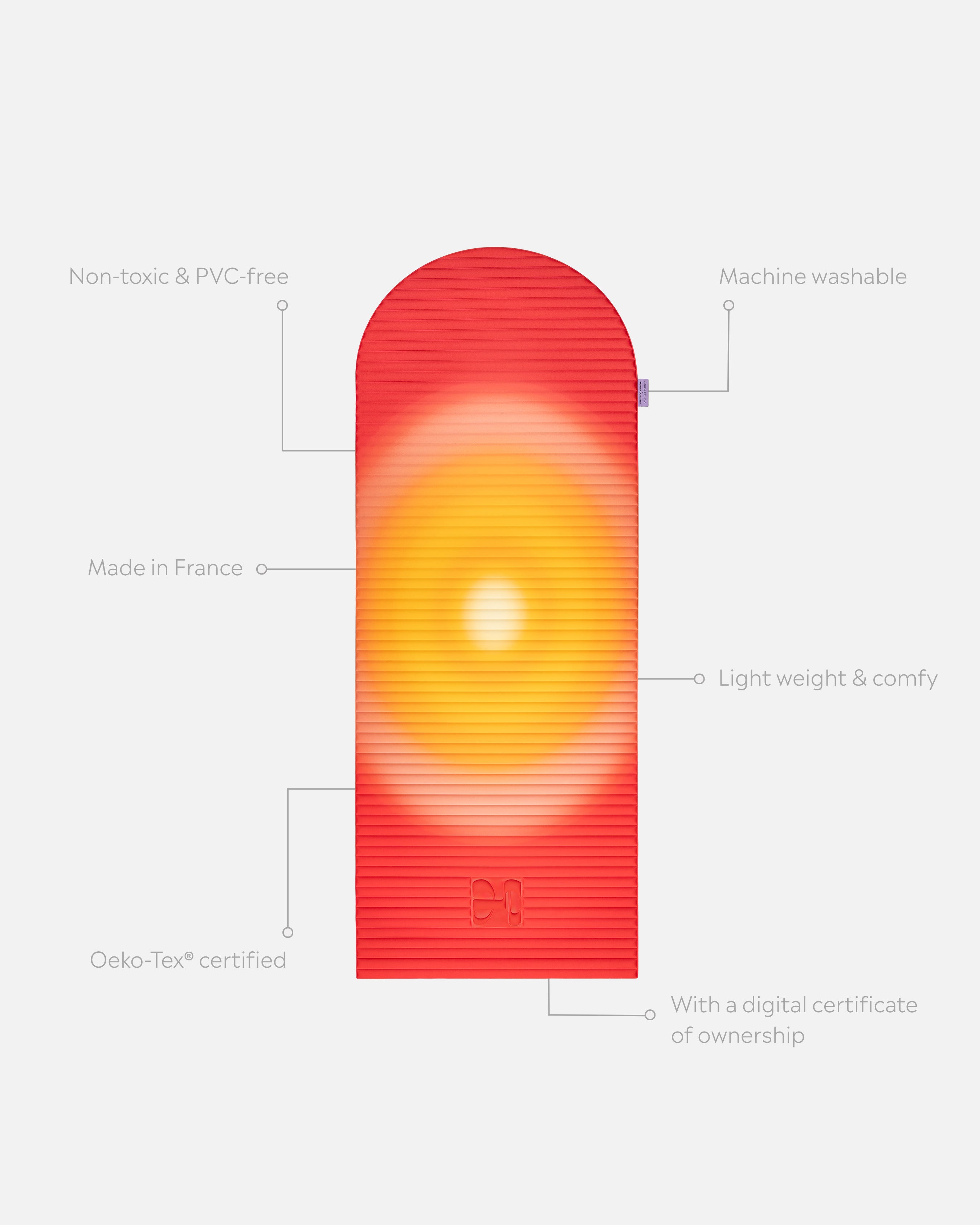 Hercule Studio x Univers Uchronia Archy Summer red and yellow printed unrolled sport mat, premium Made in France design mat for fitness, Pilates and stretching, with annotations highlighting key features and quality points