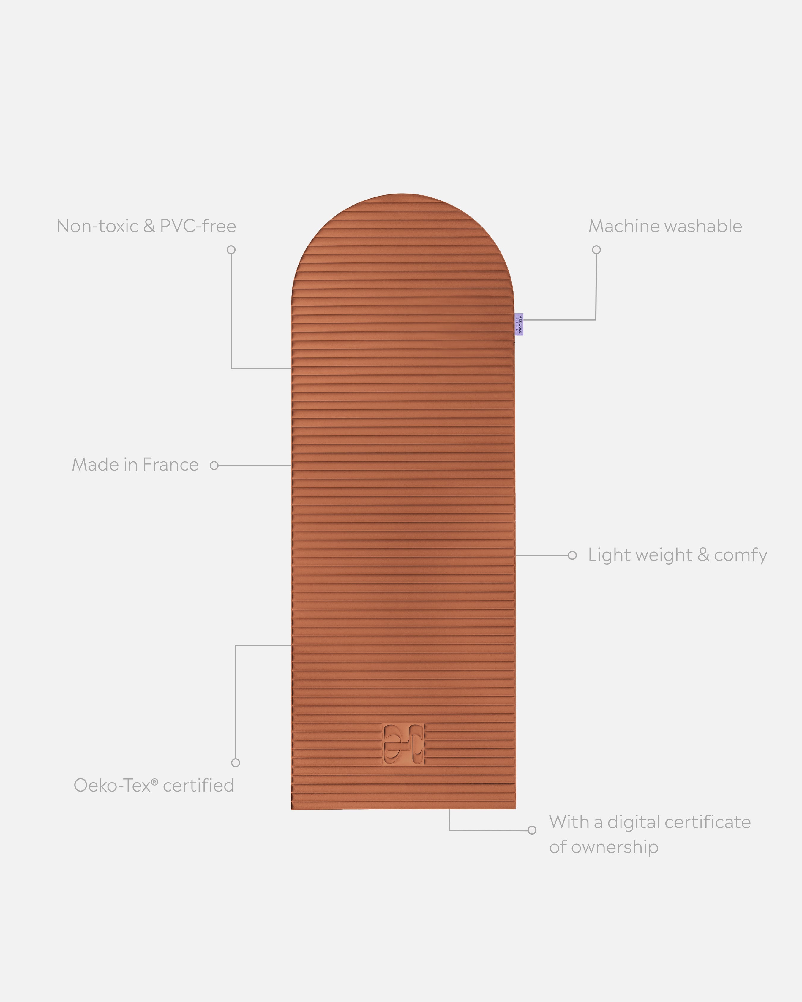 Hercule Studio Archy terracotta unrolled sport mat, premium Made in France design mat for fitness, Pilates and stretching, with annotations highlighting key features and quality points
