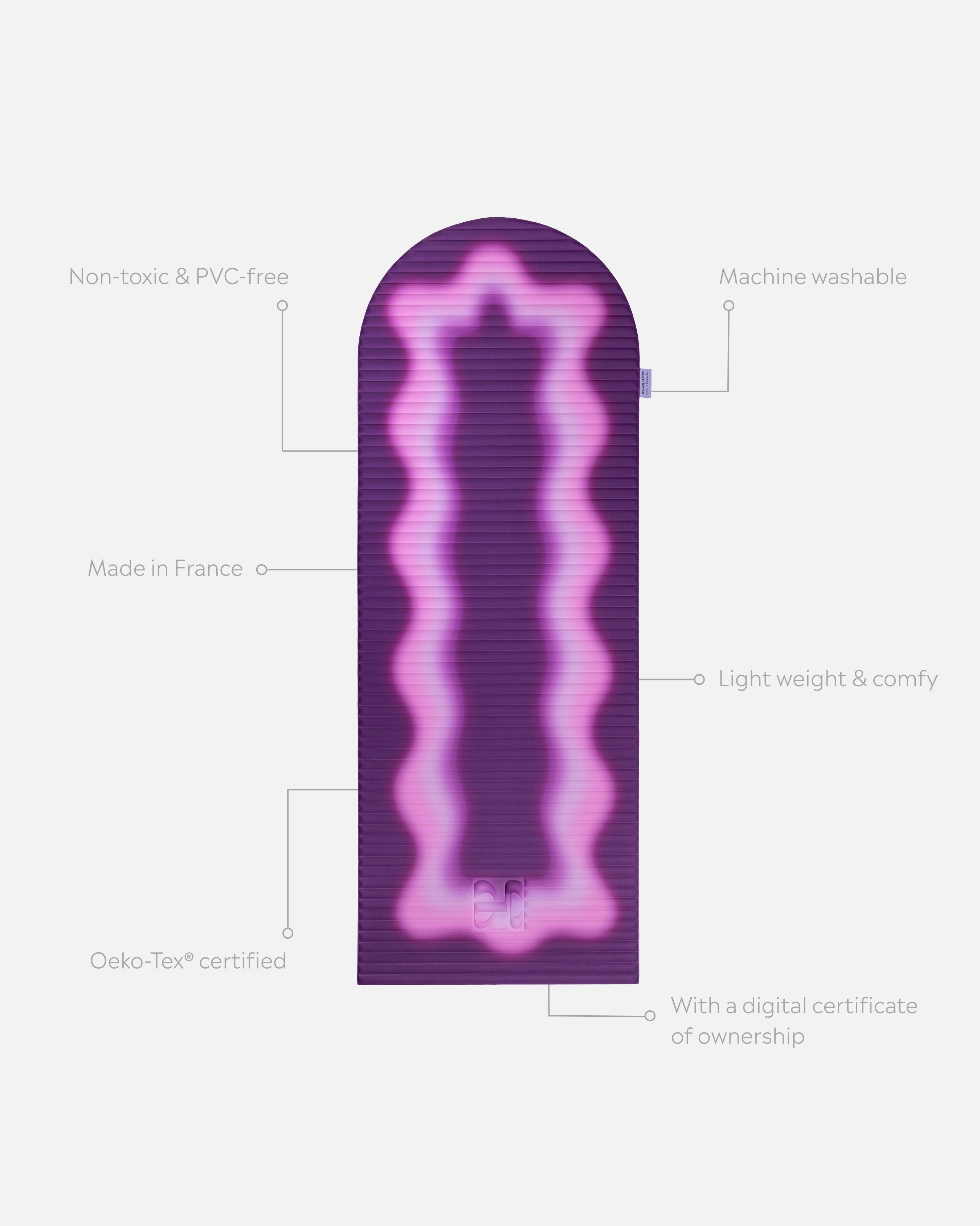 Hercule Studio x Univers Uchronia Archy Winter purple printed unrolled sport mat, premium Made in France design mat for fitness, Pilates and stretching, with annotations highlighting key features and quality points