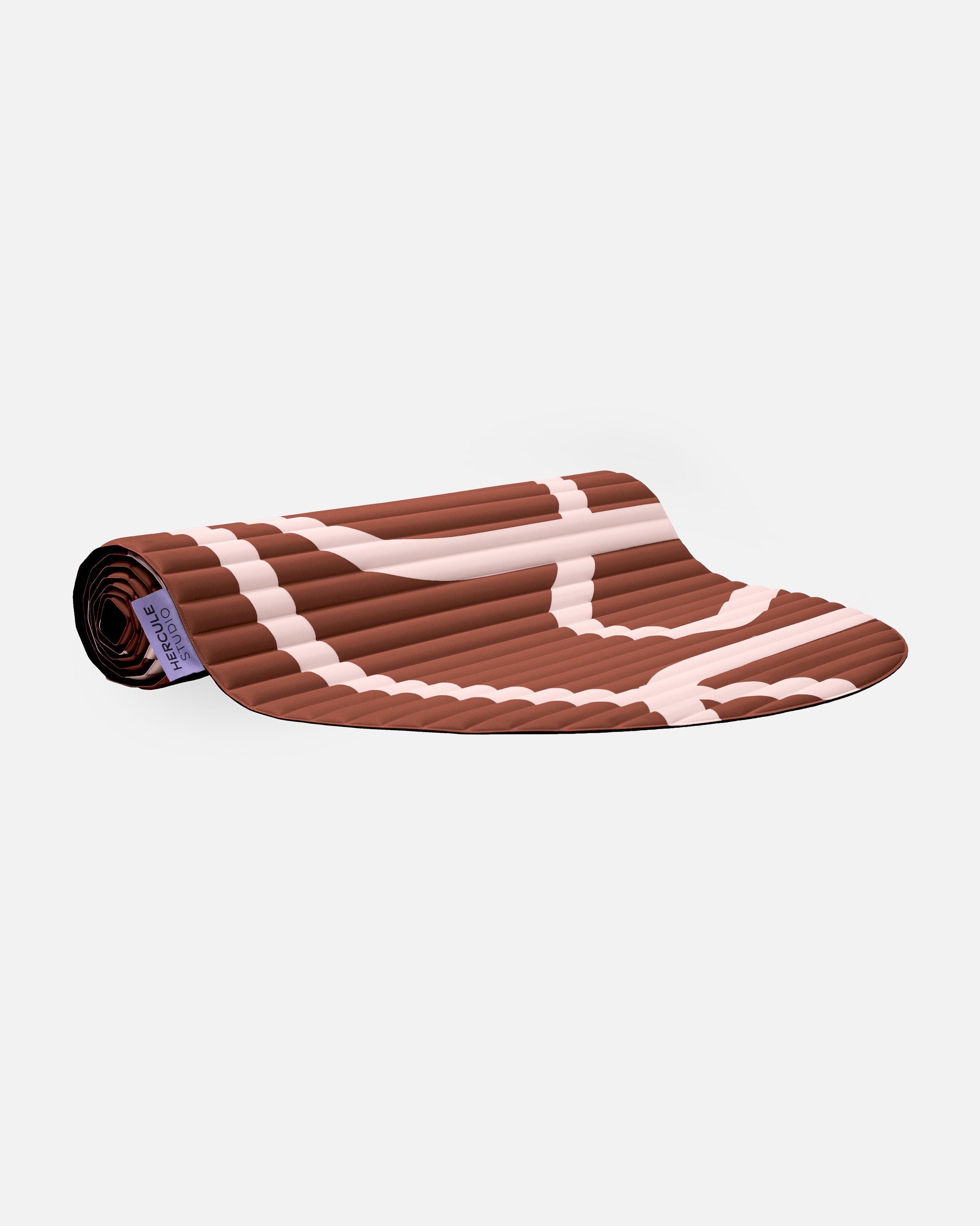Hercule Studio Archy brown and ecru printed (Bari Choco) design sport mat, durable mat for fitness and Pilates, half rolled view