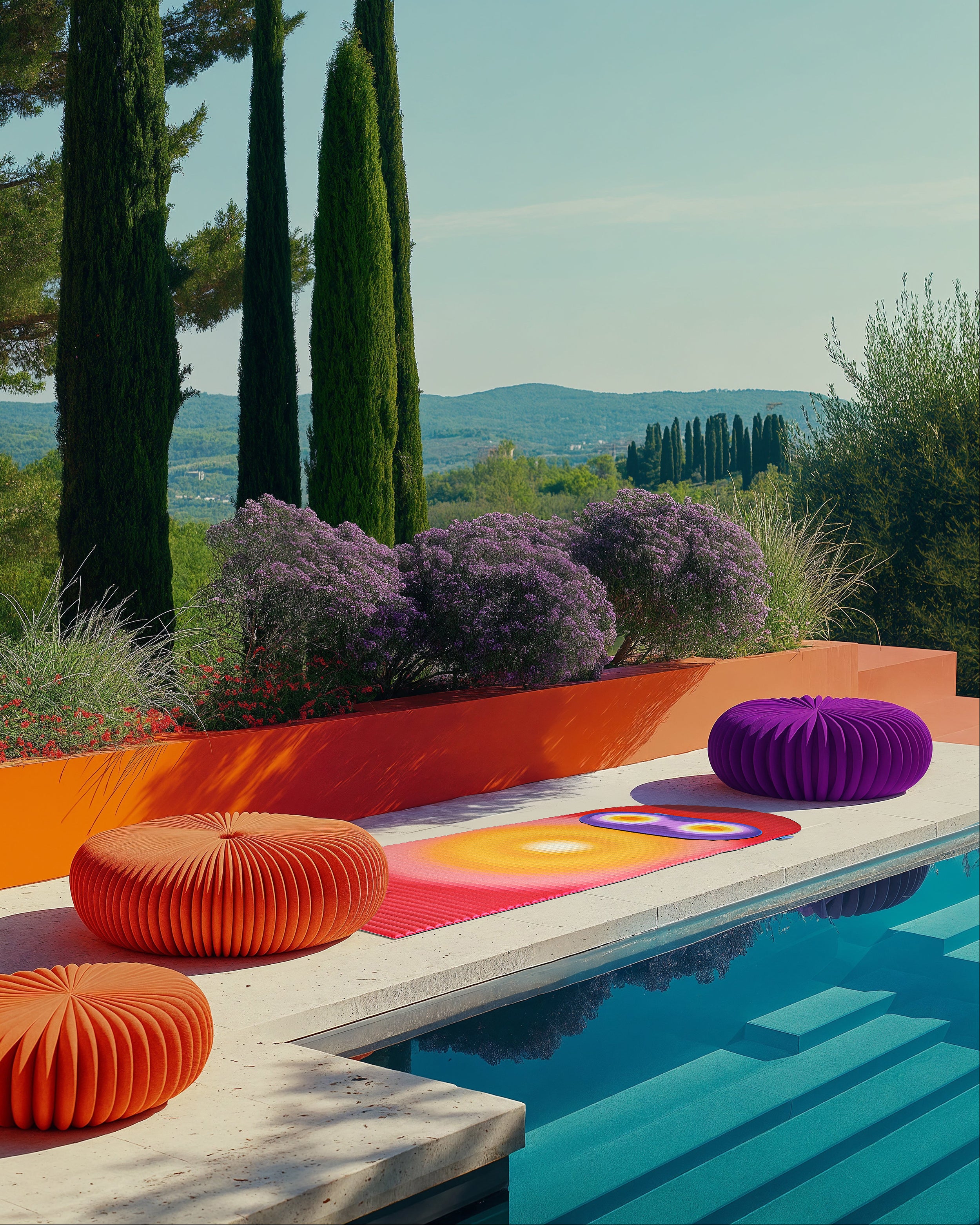Hercule Studio Galé x Univers Uchronia Fall pad in lifestyle setting, limited edition purple background with orange circles for Pilates class, portable mini mat